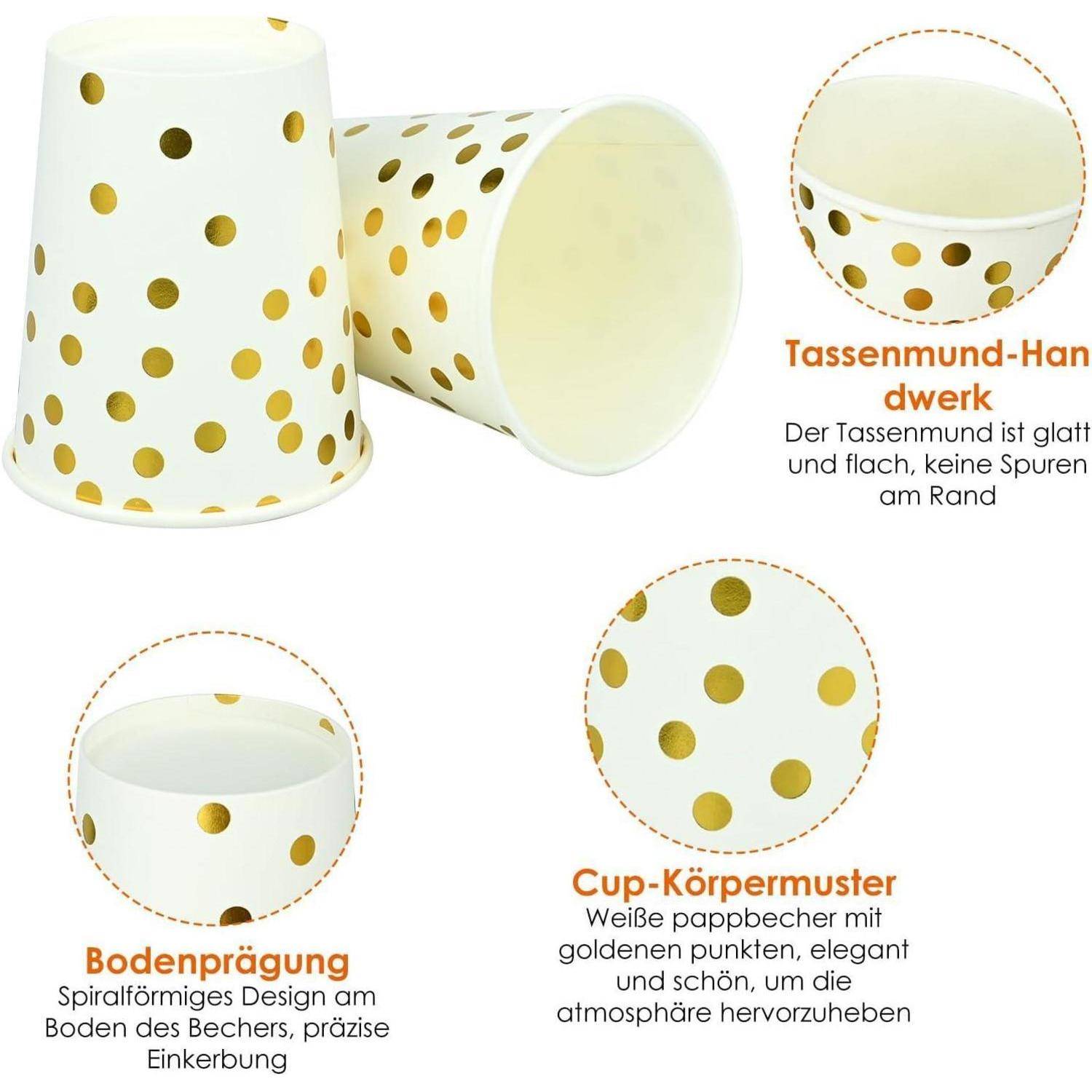 Zwei weiße Tassen mit goldenen Polka-Dots werden gezeigt. Der Text hebt Designmerkmale hervor: flacher Rand, Spiralbodenmuster und elegantes Punktmuster. Deutsche Beschreibungen begleiten jedes Merkmal.