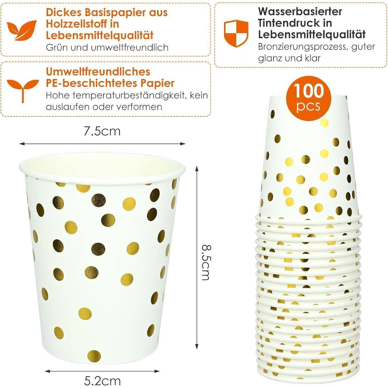 Pappbecher mit goldenen Polka Dots, 100 Stück. Eigenschaften: umweltfreundlich, wasserdicht, strapazierfähig, hitzebeständig, nicht verformbar, farbenfroh bedruckt.