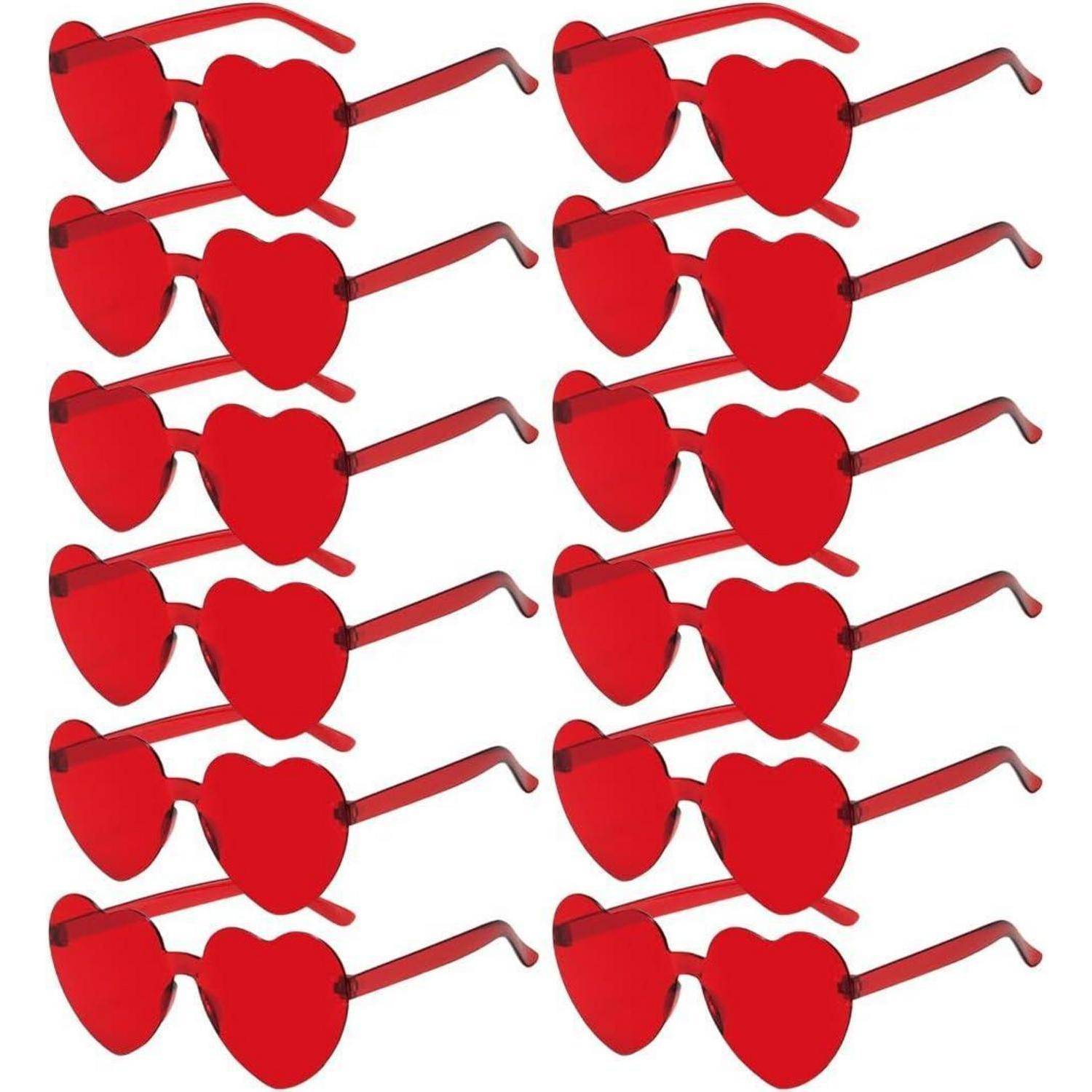 Zwölf rote herzförmige Sonnenbrillen, in vier Reihen zu je drei angeordnet, alle identisch in Stil und Design.