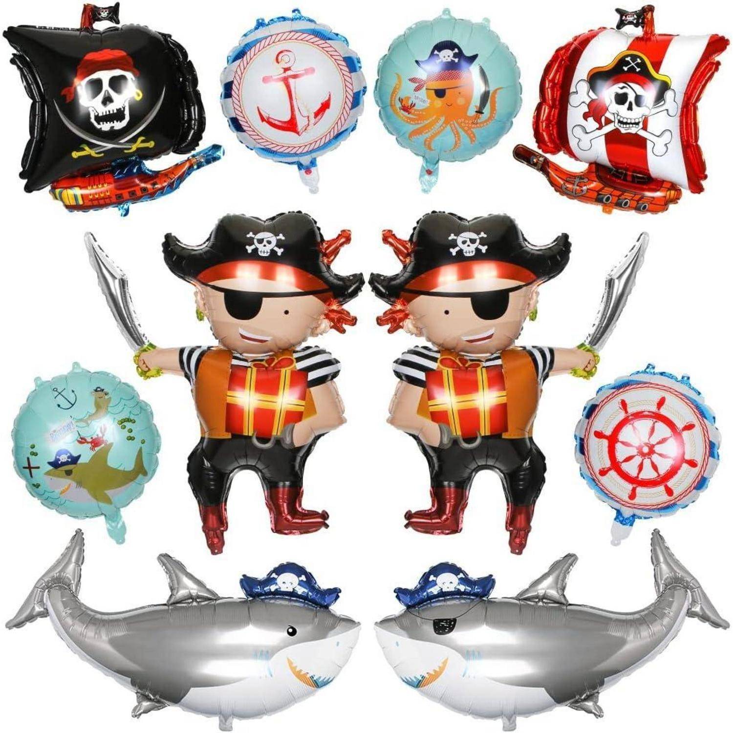 Piraten-Luftballons mit Piratenfiguren, Haien mit Piratenhüten, Totenköpfen, Ankern und Schiffsrädern, gestaltet für Partydekoration.