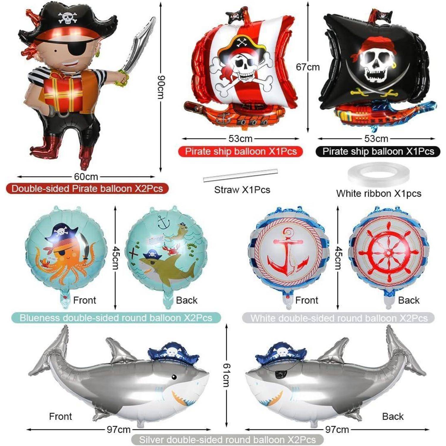Piraten-Luftballons: Piratenfigur (90 cm), Piratenschiff mit Jolly-Roger-Flaggen (67 cm), Hai (67 cm), Meereswesen, Rettungsring-Designs