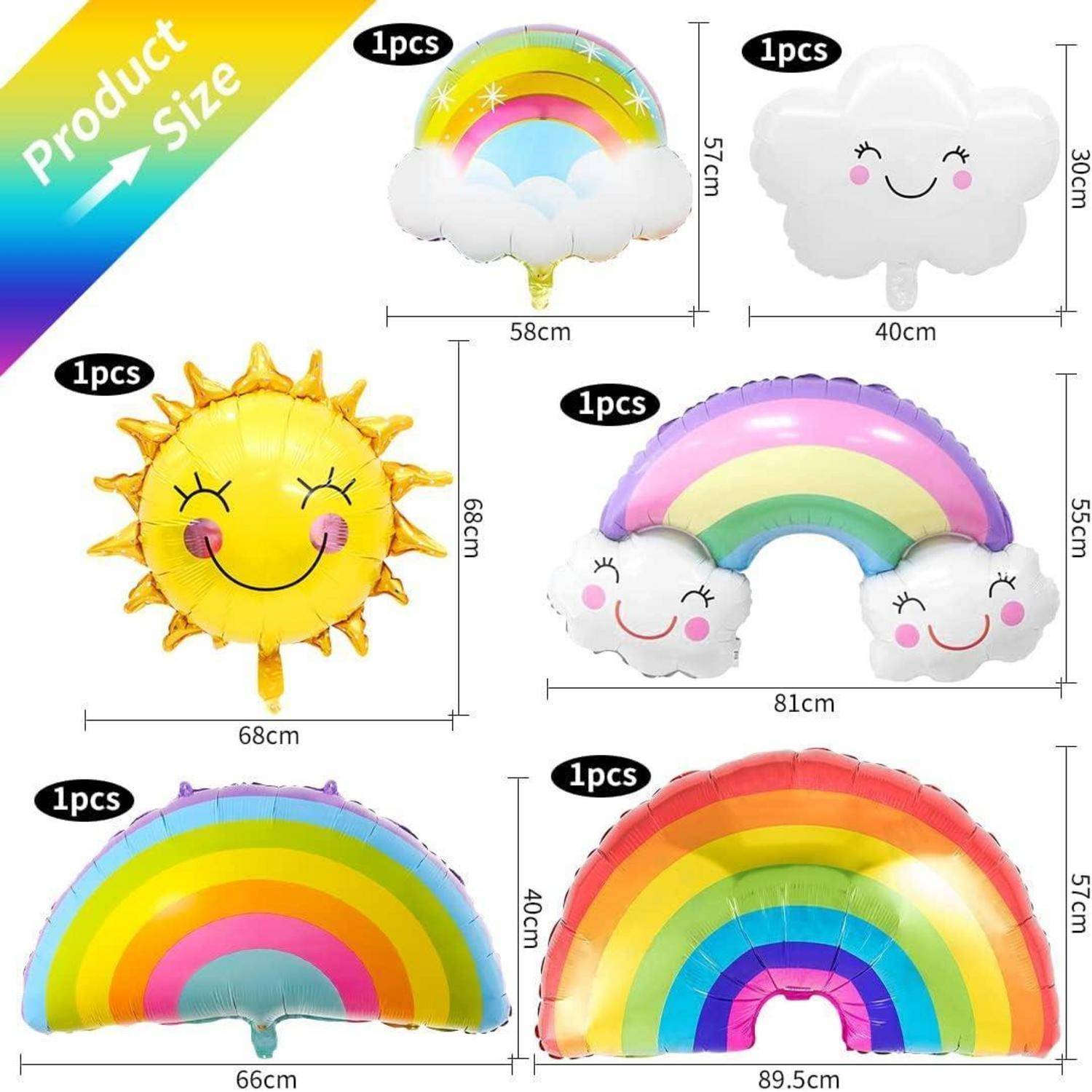 Produktgröße' Abbildung mit fünf farbenfrohen aufblasbaren Ballons: Sonne (68 cm), Regenbogen (58 cm), Wolke (40 cm), Regenbogen mit Wolken (81 cm), Regenbogen-Kuppel (89,5 cm).