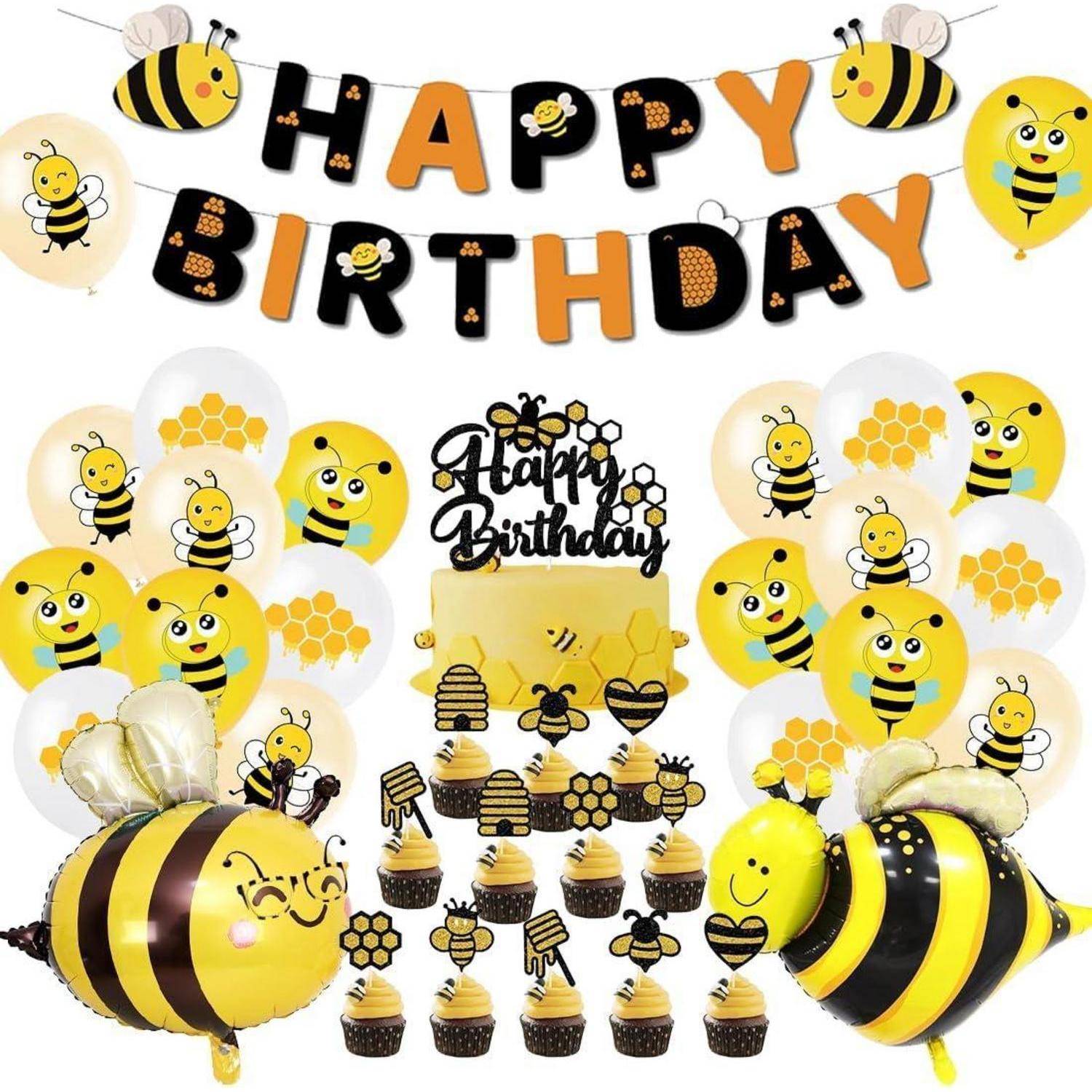 Kindergeburtstags-Dekoration mit Bienen-Motiven, bestehend aus Luftballons mit Bienendesign, Cupcake-Toppern und einem Banner mit Bienen-Charakteren.