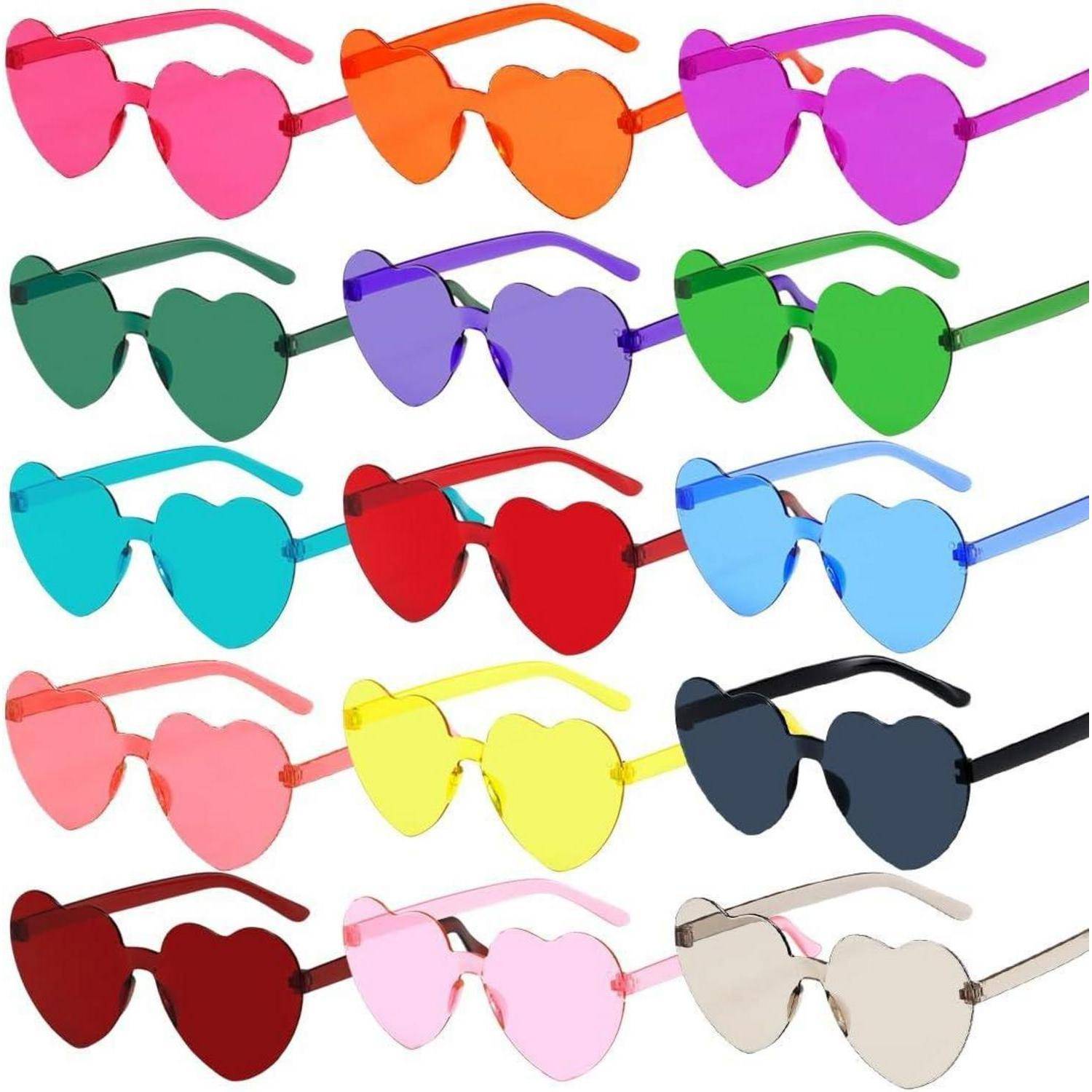 Herzförmige Sonnenbrille in bunten Farben, in Reihen angeordnet, mit einer Vielfalt an leuchtenden Tönen wie Rot, Blau, Grün und Rosa.