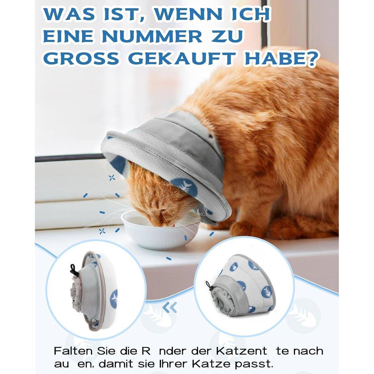 Eine Katze trägt einen verstellbaren Hut, während sie aus einer Schüssel frisst. Der deutsche Text fragt, was man tun kann, wenn ein Hut zu groß ist, und schlägt vor, den Rand umzuschlagen.