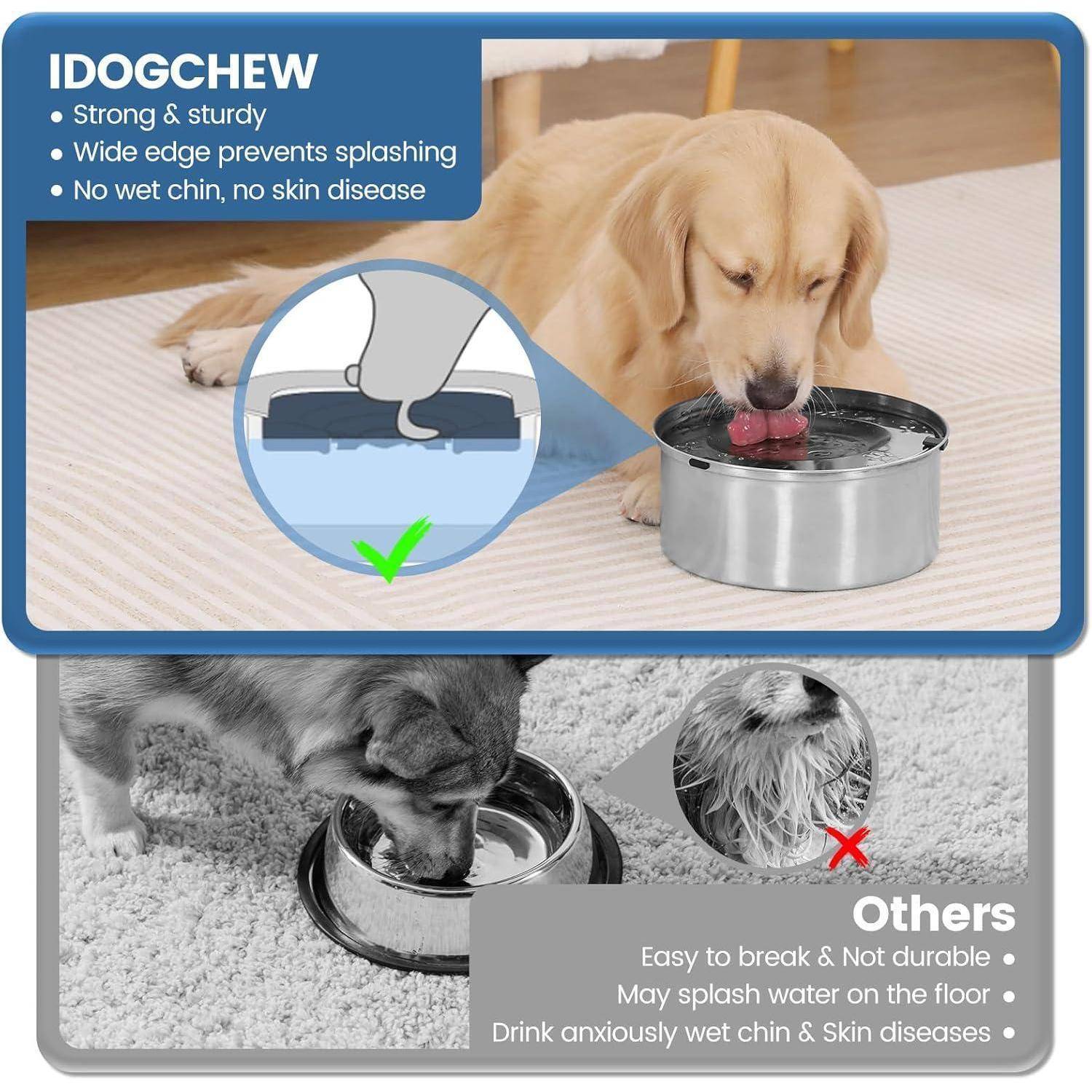 IDOGCHEW': Ein Hund trinkt aus einer Schale mit breiten Kanten, um Spritzen zu verhindern; Der Text hebt die Vorteile des trockenen Kinns und der Hautgesundheit hervor.