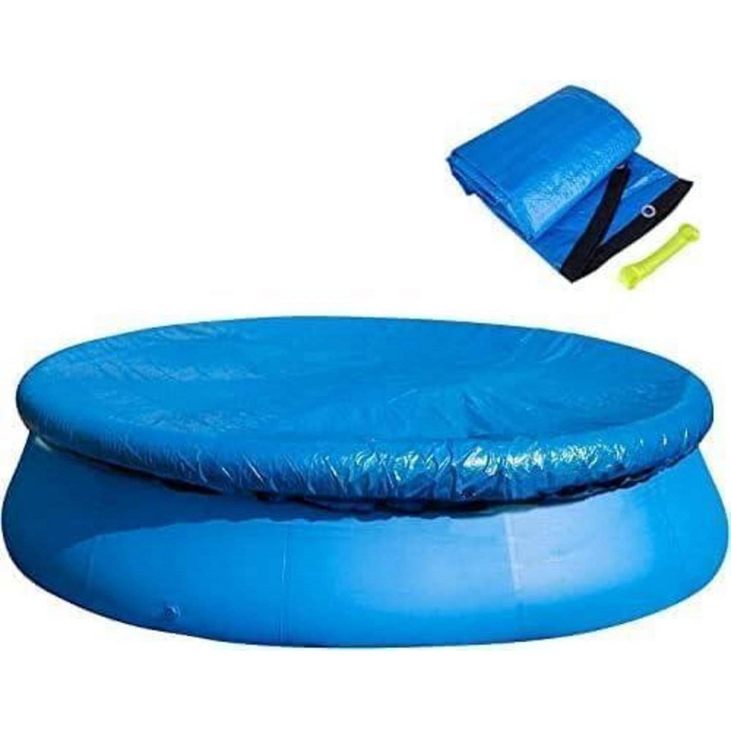 Blauer aufblasbarer Pool mit passender Abdeckung, versehen mit einer aufgerollten Plane und einer gelben Pumpe. Geeignet für temporäre Nutzung im Freien.