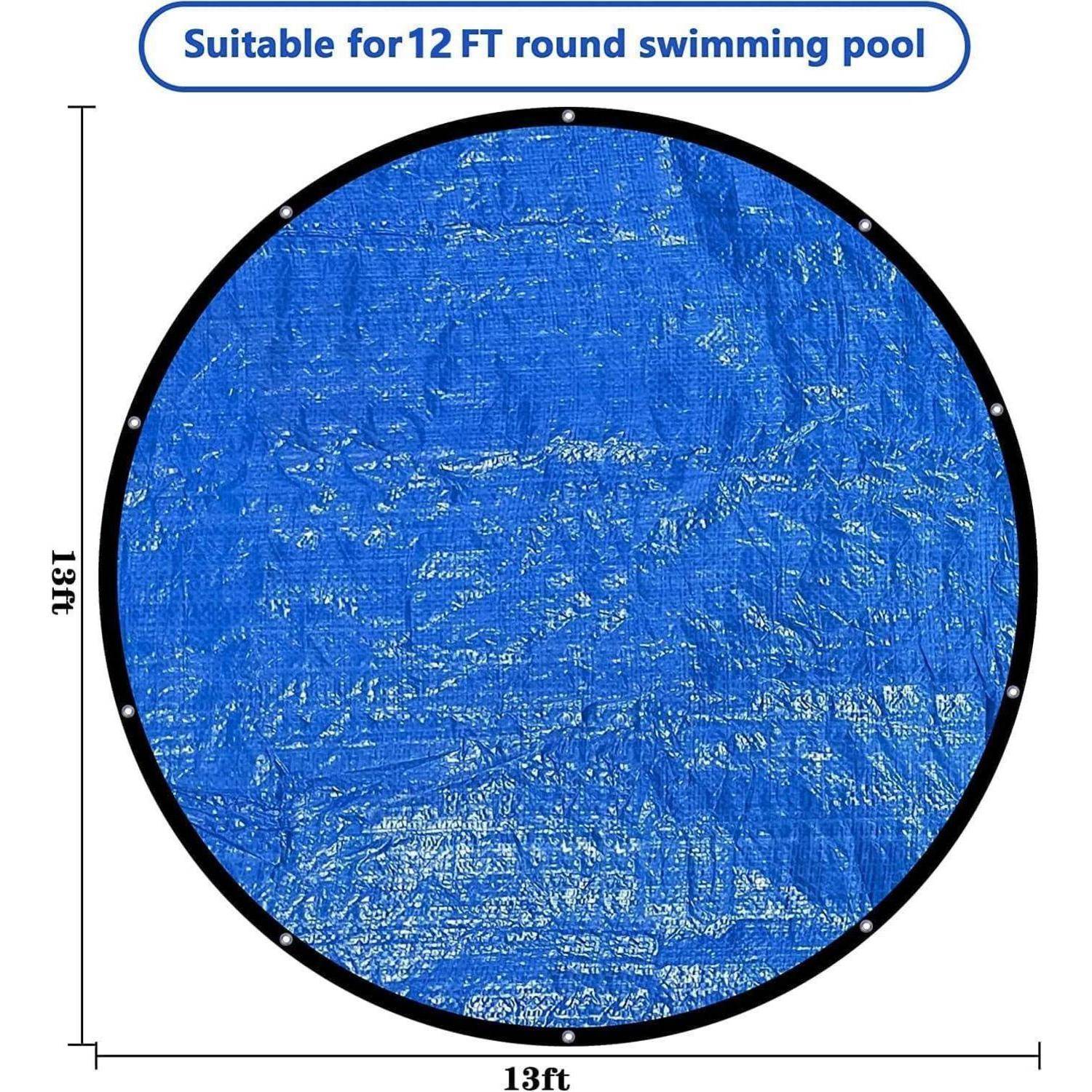 Blaue runde Poolabdeckung geeignet für 12-Fuß-Rundpool, misst 13 Fuß im Durchmesser.