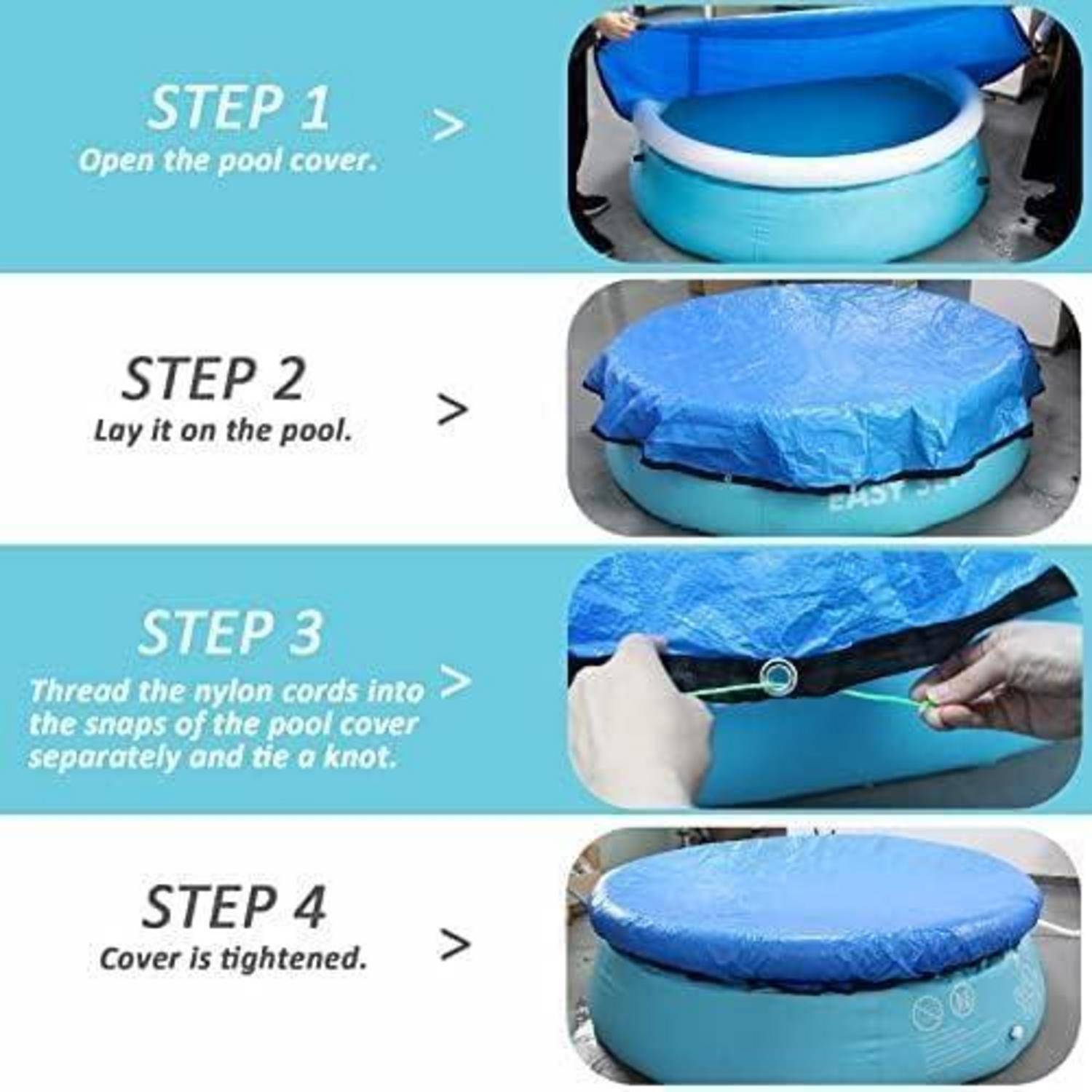 Vier Schritte zum Abdecken eines Pools: 1. Die Poolabdeckung öffnen. 2. Die Abdeckung auf den Pool legen. 3. Nylonseile einfädeln und knüpfen. 4. Die Abdeckung festziehen.
