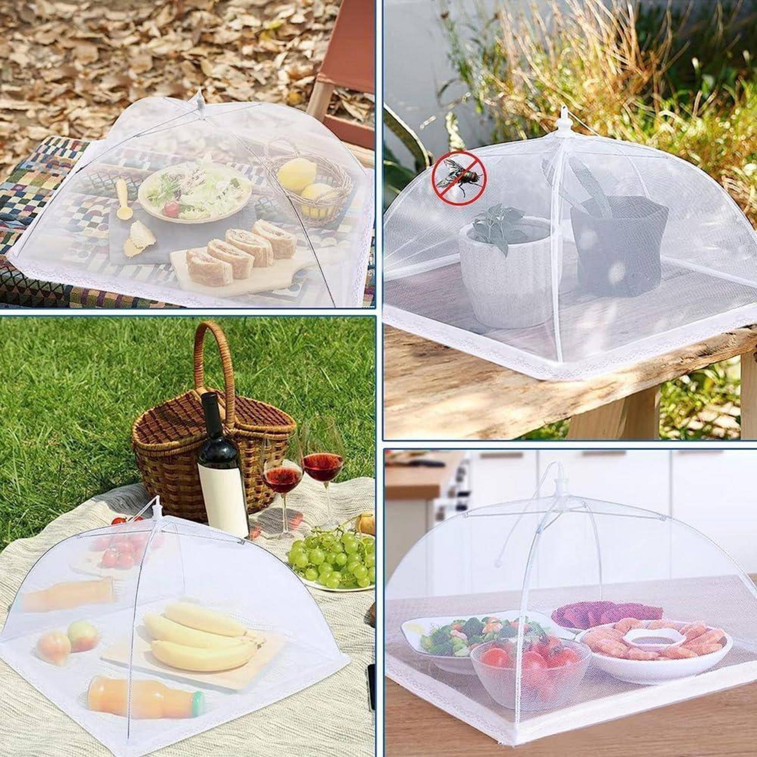 Vier Lebensmittelabdeckungen zum Schutz unterschiedlicher Szenarien: Snacks auf einem Tisch, eine Pflanze vor Insekten, ein Picknick mit Wein und eine Mahlzeit mit Donuts.