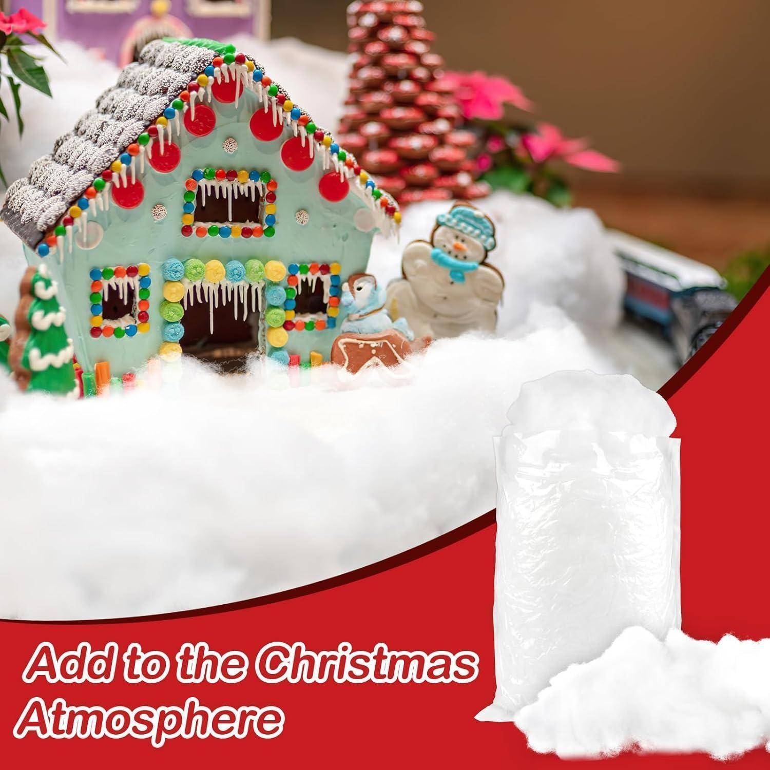 Ein farbenfrohes Lebkuchenhaus mit Süßigkeitenverzierungen, verschneiter Vordergrund und weihnachtlicher Hintergrund. Text lautet: 'Trage zur Weihnachtsstimmung bei'.
