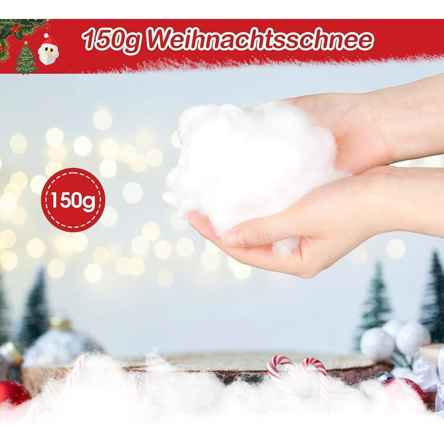 Hände, die künstlichen Schnee halten, mit dem Text '150g Weihnachtsschnee' auf rotem Hintergrund; verschneite Szene mit kleinen Weihnachtsbäumen im Hintergrund.