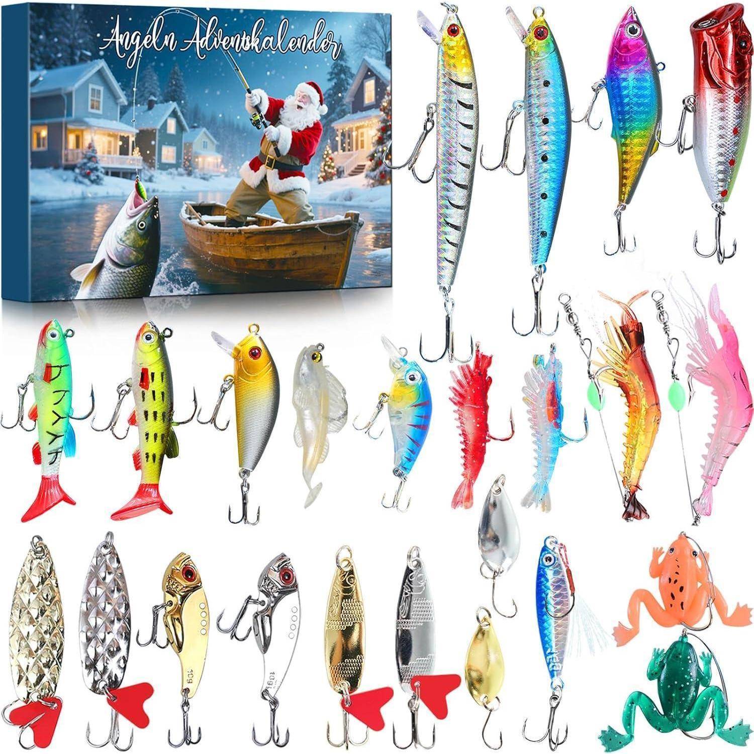 Eine Auswahl bunter Angelköder in verschiedenen Formen, vor einem festlichen Kalender, der einen Weihnachtsmann in einem Boot zeigt, der Fische fängt.