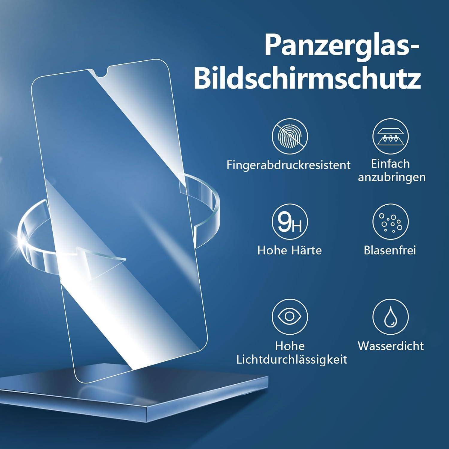 Eine gehärtete Displayschutzfolie wird mit Symbolen und deutscher Beschriftung gezeigt, die Merkmale wie hohe Härte, Fingerabdruckresistenz, einfache Installation, blasenfrei, hohe Transparenz und Wasserbeständigkeit beschreibt.