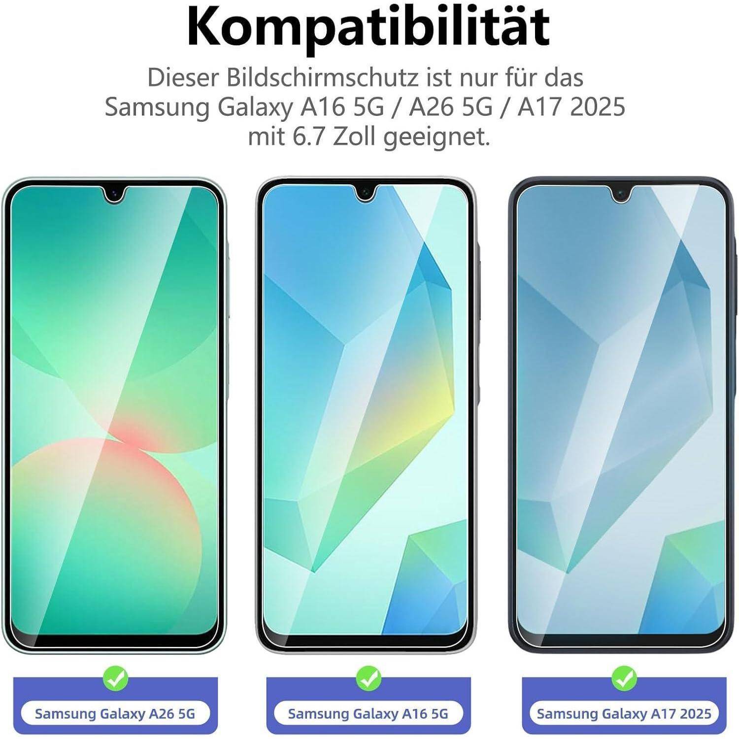 Bild zeigt drei Smartphone-Displayschutzfolien mit den Bezeichnungen 'Samsung Galaxy A26 5G', 'Samsung Galaxy A16 5G' und 'Samsung Galaxy A17 2025', kompatibel mit 6,7-Zoll-Bildschirmen.