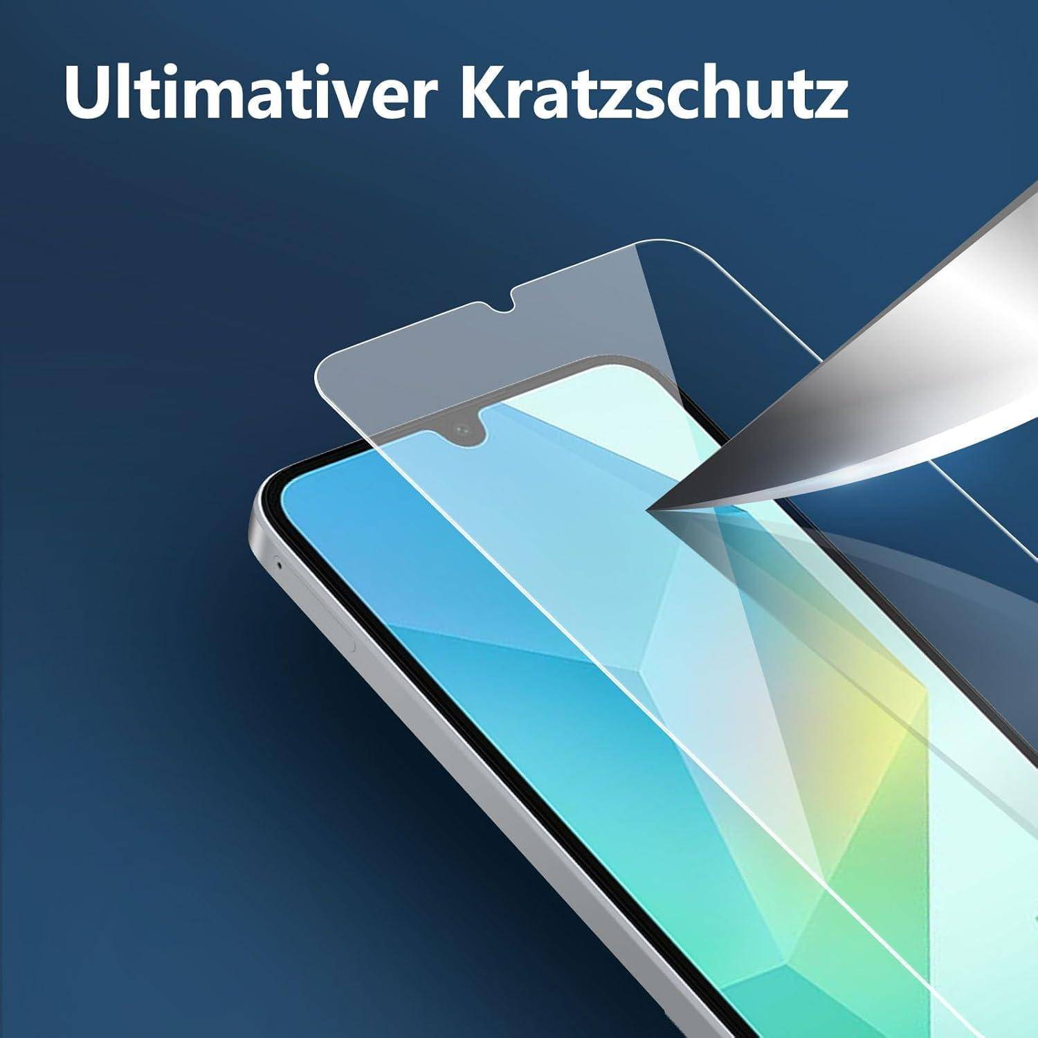 Ein Smartphone mit einem aufgebrachten Displayschutz, hervorgehoben durch den Text 'Ultimativer Kratzschutz' auf blauem Hintergrund.