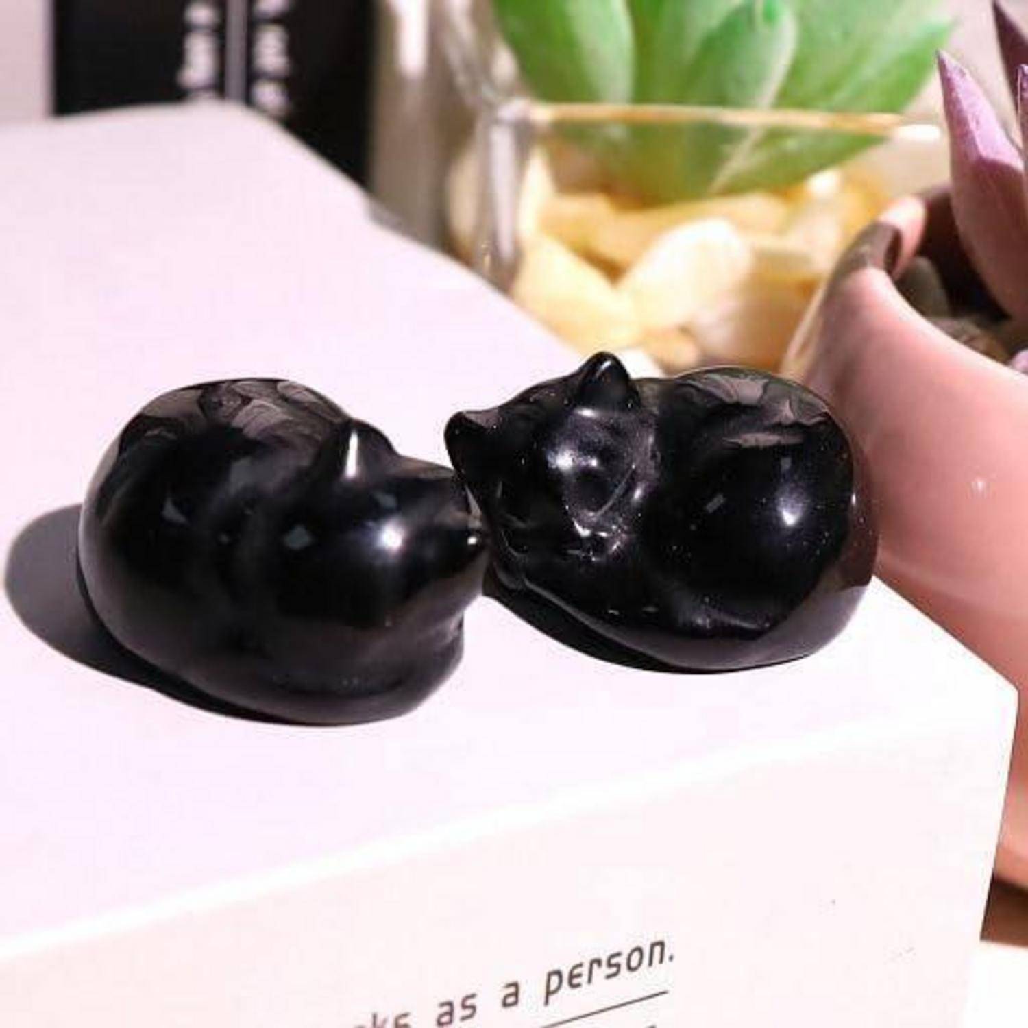 Glänzend schwarze Statuetten von zwei Katzen, die zusammen auf einer weißen Oberfläche ruhen; eine Pflanze im Hintergrund fügt ein dekoratives Element hinzu.