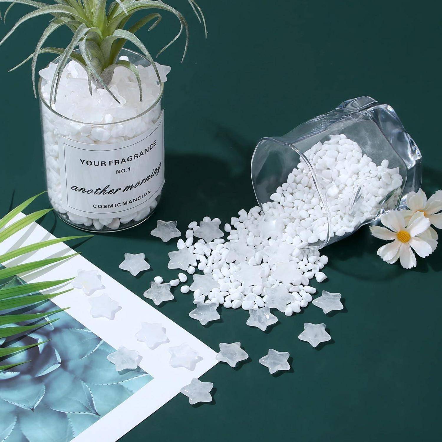 Ein umgekipptes Glasgefäß verschüttet weiße Steine auf einer grünen Oberfläche, neben einer Topfpflanze und einer weißen Blume, wodurch eine ruhige Anordnung entsteht.