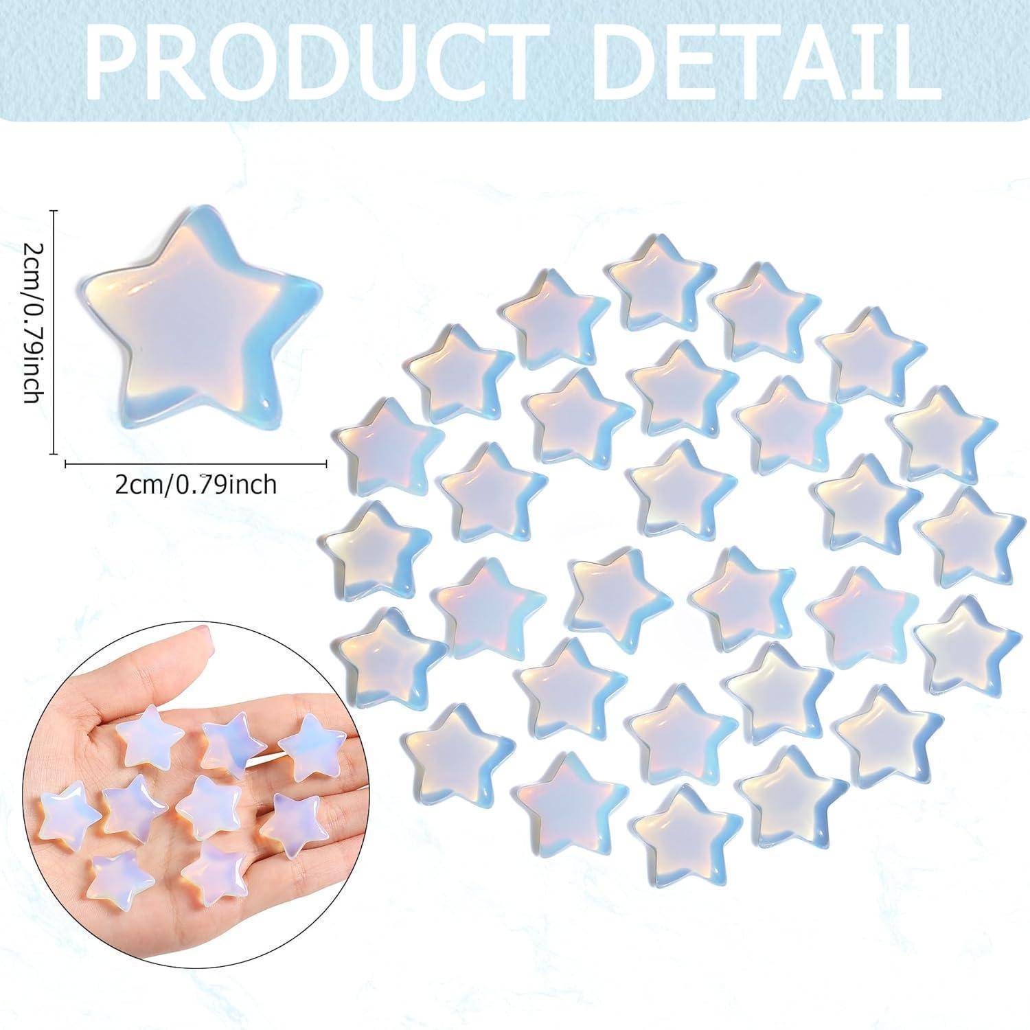 Bild von sternenförmigen Produkten mit glänzender Oberfläche. Ein Stern wird in der Hand zur Größenvergleich gezeigt, mit beschrifteten Abmessungen von 2 cm/0,79 Zoll.