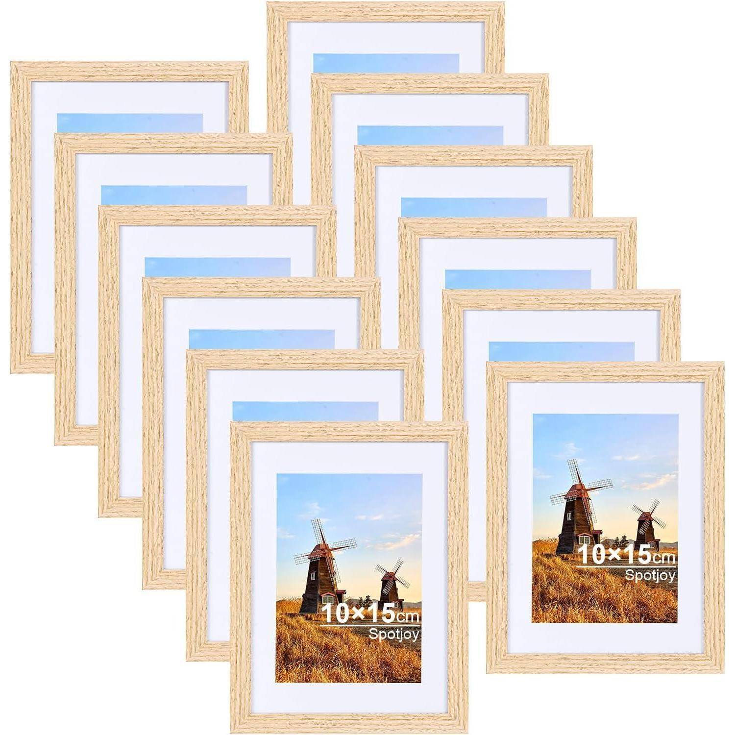 Ein Satz von zwölf Holzfotorahmen, die jeweils ein Bild einer Windmühle in einem goldenen Feld zeigen. Die Rahmengröße ist mit '10x15cm' gekennzeichnet.