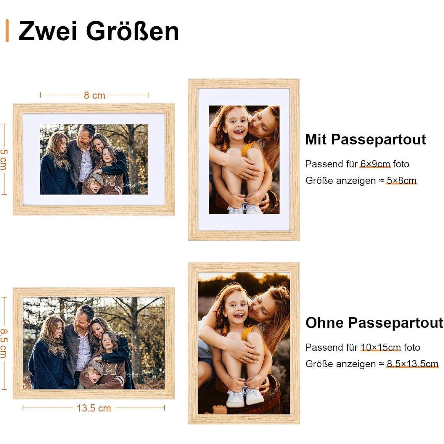 Zwei Fotorahmen ausgestellt: einer mit den Abmessungen 8x9 cm mit Passepartout, der zwei Erwachsene und ein Kind zeigt; der andere ohne Passepartout mit 10x15 cm, der zwei Kinder in einer verspielten Pose darstellt.
