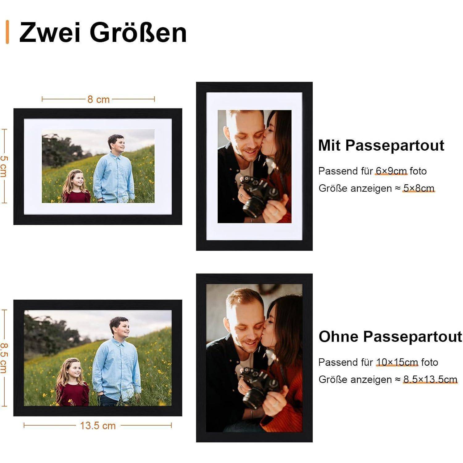 Zwei gerahmte Fotooptionen mit Abmessungen. Links: horizontal 5x8 cm mit Passepartout 6x9 cm. Rechts: vertikal 8,5x13,5 cm ohne Passepartout.