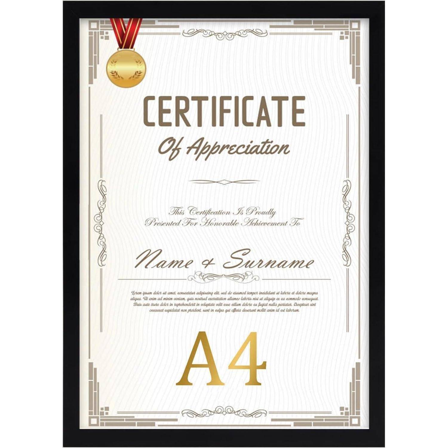 Dankeschön-Urkunde; verliehen an 'Name & Nachname'; mit goldener Medaillengestaltung und dekorativer Bordüre; Größenangabe 'DIN A4'.