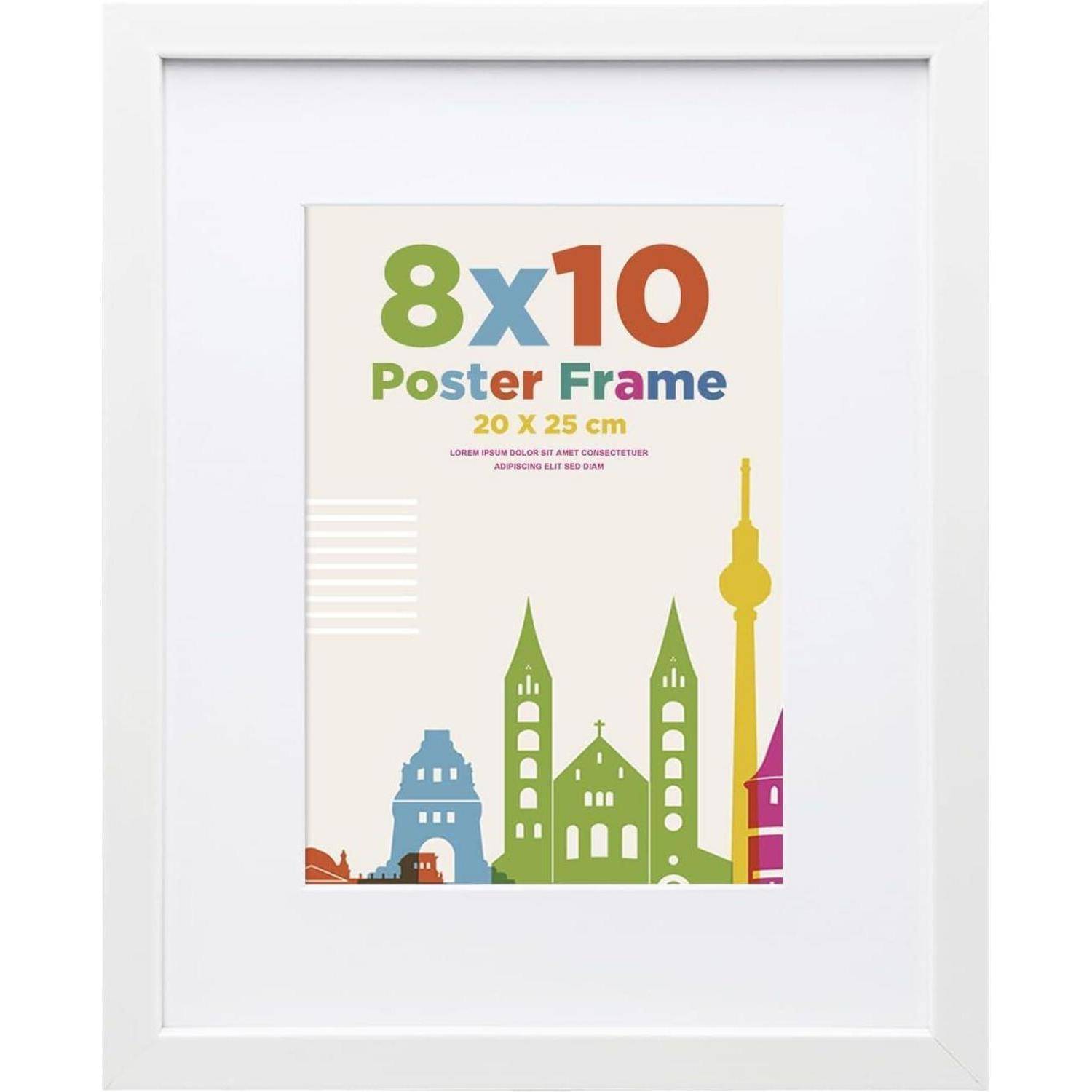 Ein weißer Bilderrahmen präsentiert ein farbenfroher Poster mit dem Text '8x10 Poster Frame 20 x 25 cm' über stilisierten Stadtsilhouetten.