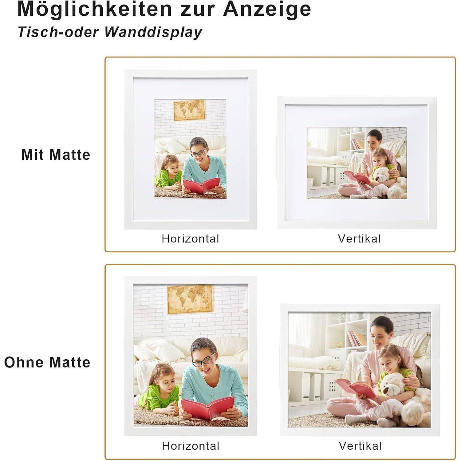 Tisch- oder Wanddisplay: Mit Matte - Horizontal, Vertikal; Ohne Matte - Horizontal, Vertikal. Fotos zeigen Erwachsene, die mit einem Kind lesen.
