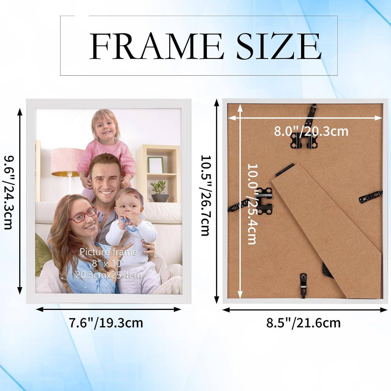 RAHMEN GRÖSSE' Anleitung mit Maßangaben für Rahmen. Bildabmessungen: 9,6 x 7,6 Zoll; Anzeigedimensionen: 10,5 x 8,5 Zoll; geeignet für 8x10 Fotos.