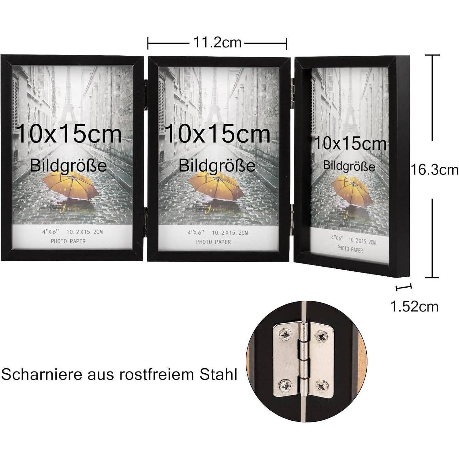 Ein Dreifach-Fotorahmen mit Abmessungen; jeder Rahmen fasst 10x15 cm Fotos. Beinhaltet eine Abbildung eines Scharniers mit Maßangaben und 'Scharniere aus rostfreiem Stahl'.