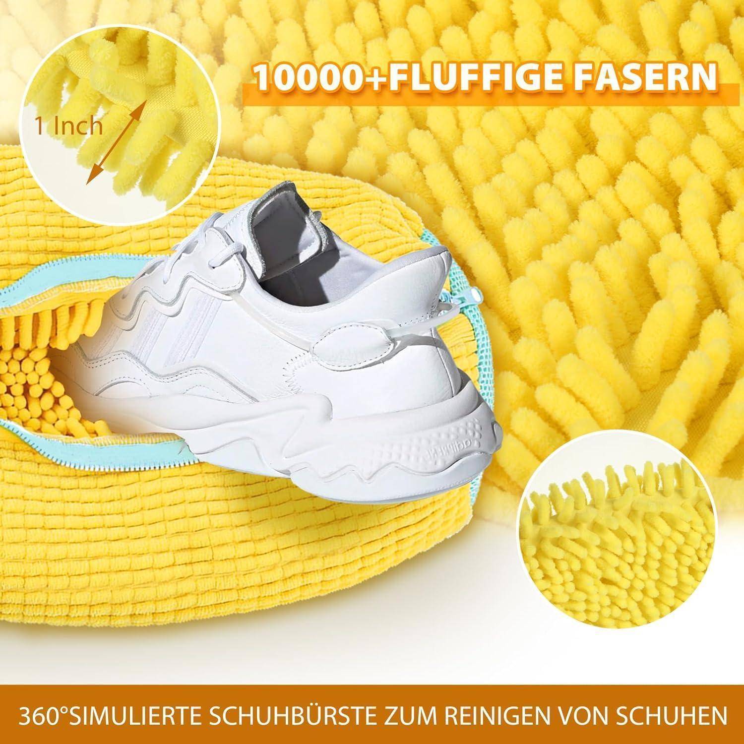 Ein Sneaker in einer gelben, flauschigen Schuhputzbürste. Einblendungen zeigen eine Nahaufnahme der Fasern und eine '1 Zoll'-Maßangabe. Texthervorhebungen betonen die Weichheit und Effektivität beim Reinigen von Schuhen.