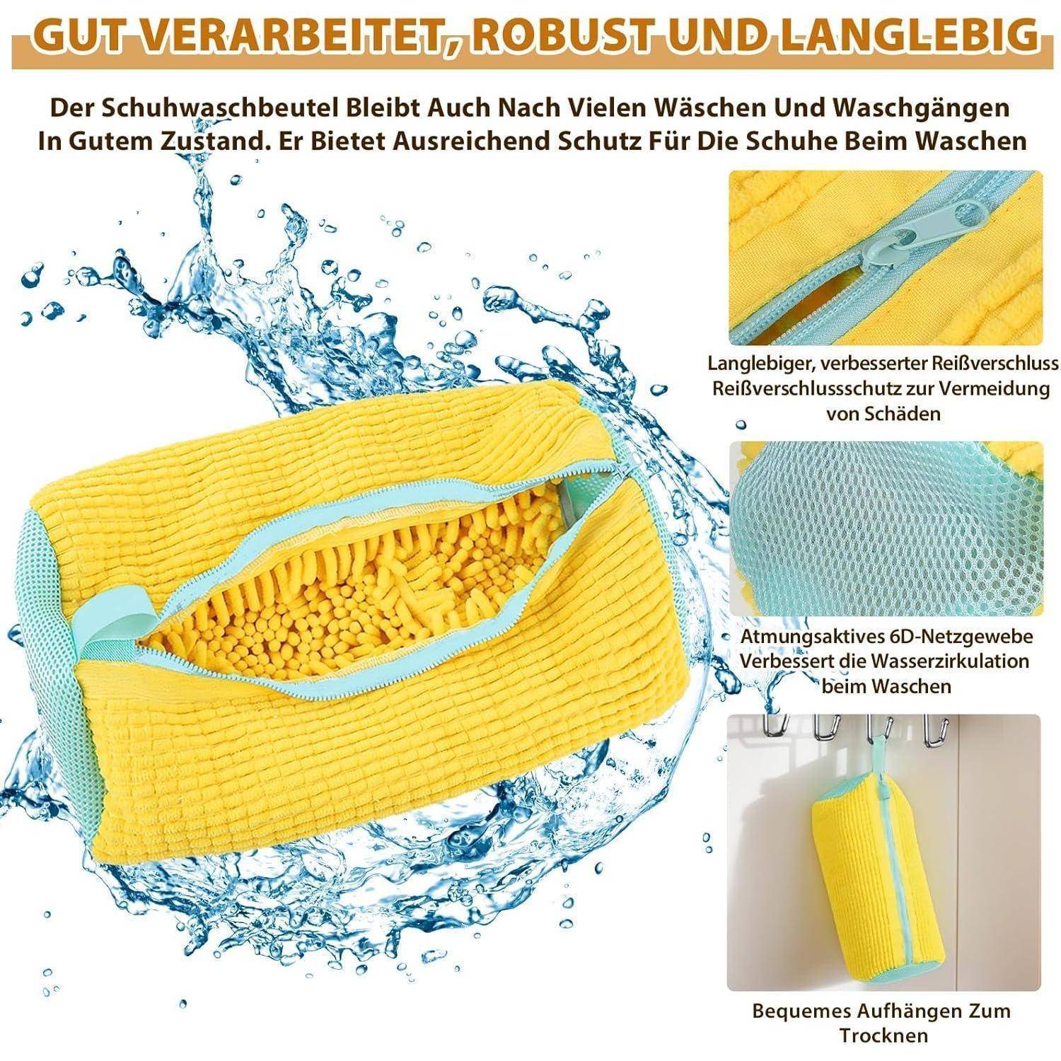 Gelber Schuhwäschebeutel mit blauen Akzenten, der Haltbarkeit demonstriert, verbesserten Reißverschlussschutz und atmungsaktives Mesh für effizientes Waschen und Trocknen bietet. Deutsche Beschreibung zeigt Produktmerkmale.