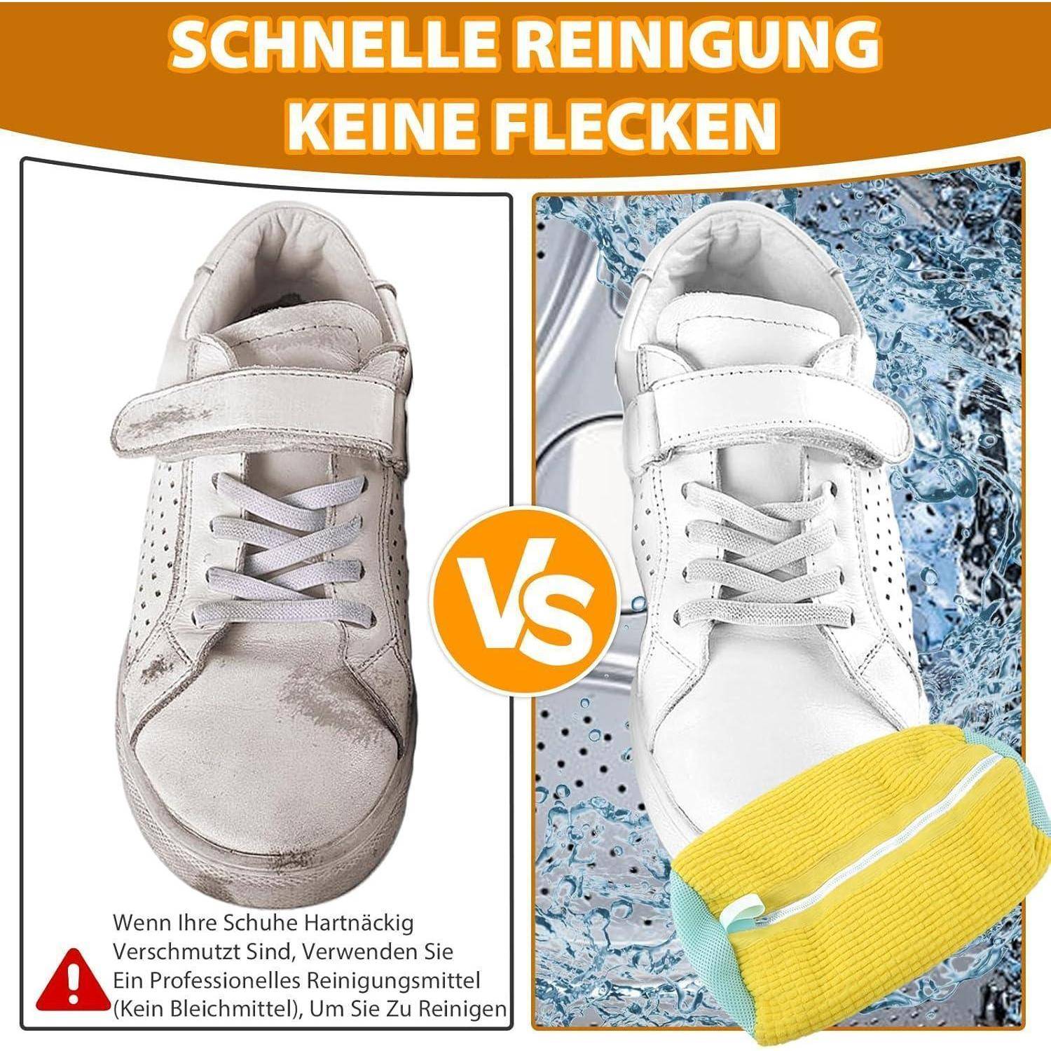 Vergleich eines schmutzigen und gereinigten weißen Schuhs mit einem 'VS' in der Mitte. Beschriftung: 'SCHNELLE REINIGUNG KEINE FLECKEN.