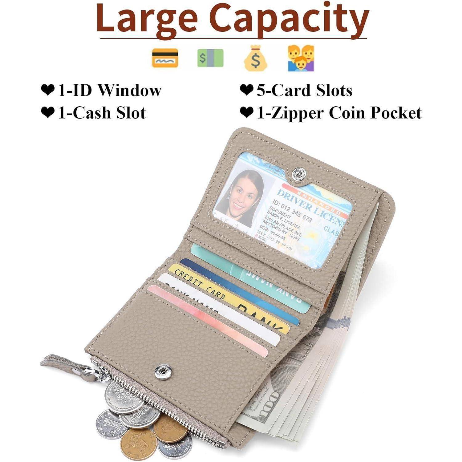Brieftasche mit 'großer Kapazität' mit Ausweisfach, Geldfach, fünf Kartenfächern und Reißverschluss-Münzfach. Brieftasche geöffnet mit Karten, Ausweis und Währung sichtbar.