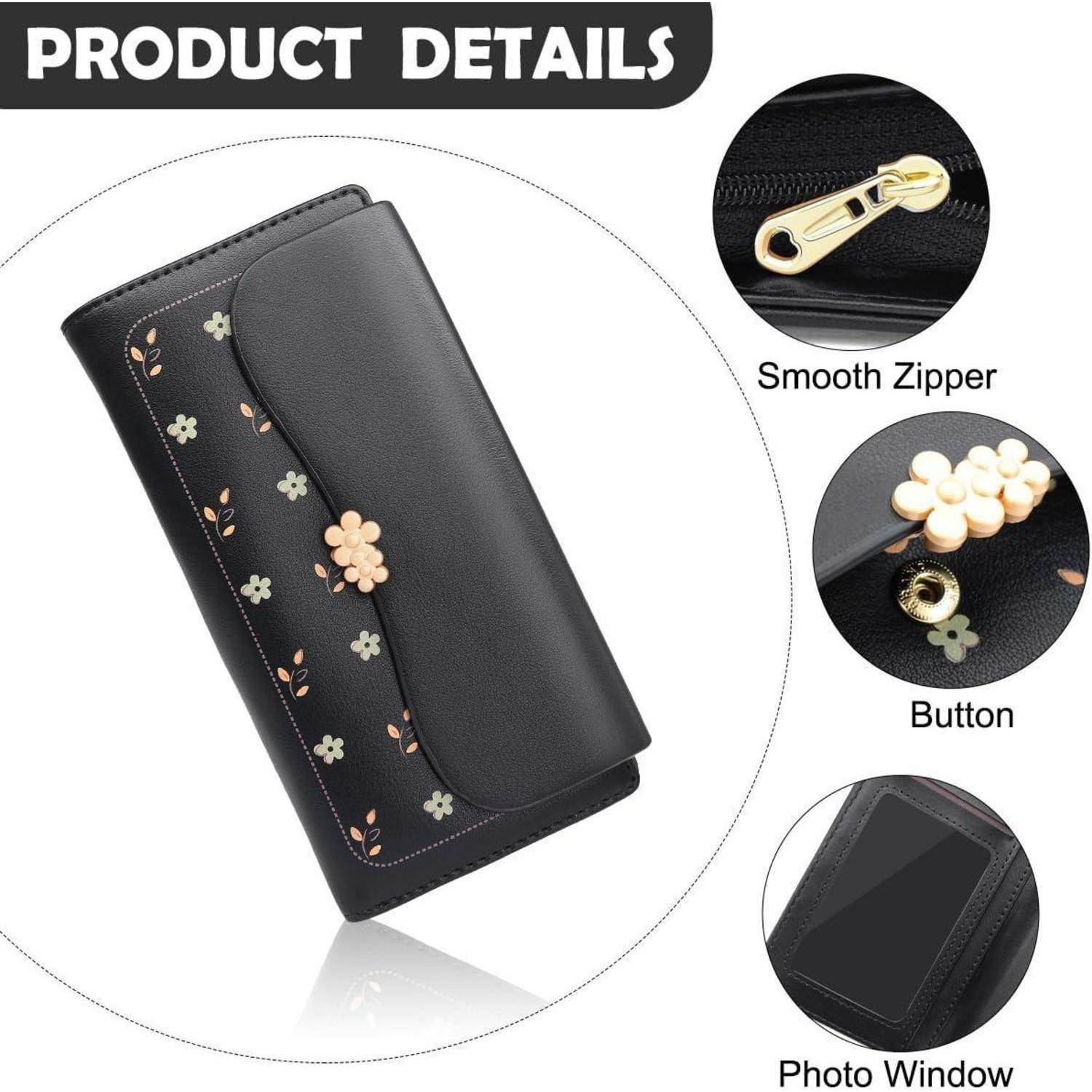 Schwarze Geldbörse mit Blumendesign; ausgestattet mit glattem Reißverschluss, Knopf und Fotoausschnitt. PRODUKTDETAILS