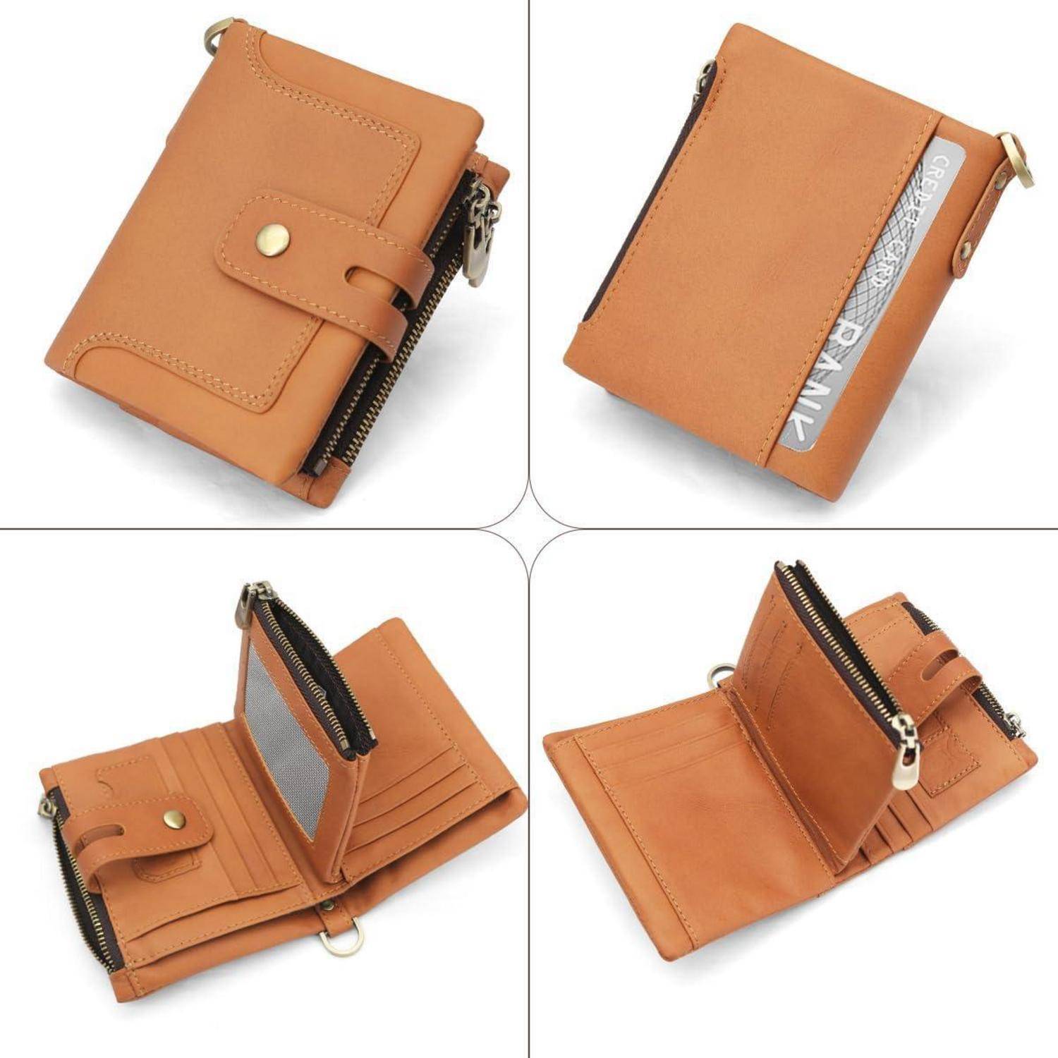 Lederbrieftasche in Camelfarbe mit mehreren Kartenfächern und einem Reißverschluss-Münzfach, in verschiedenen geöffneten und geschlossenen Positionen präsentiert.