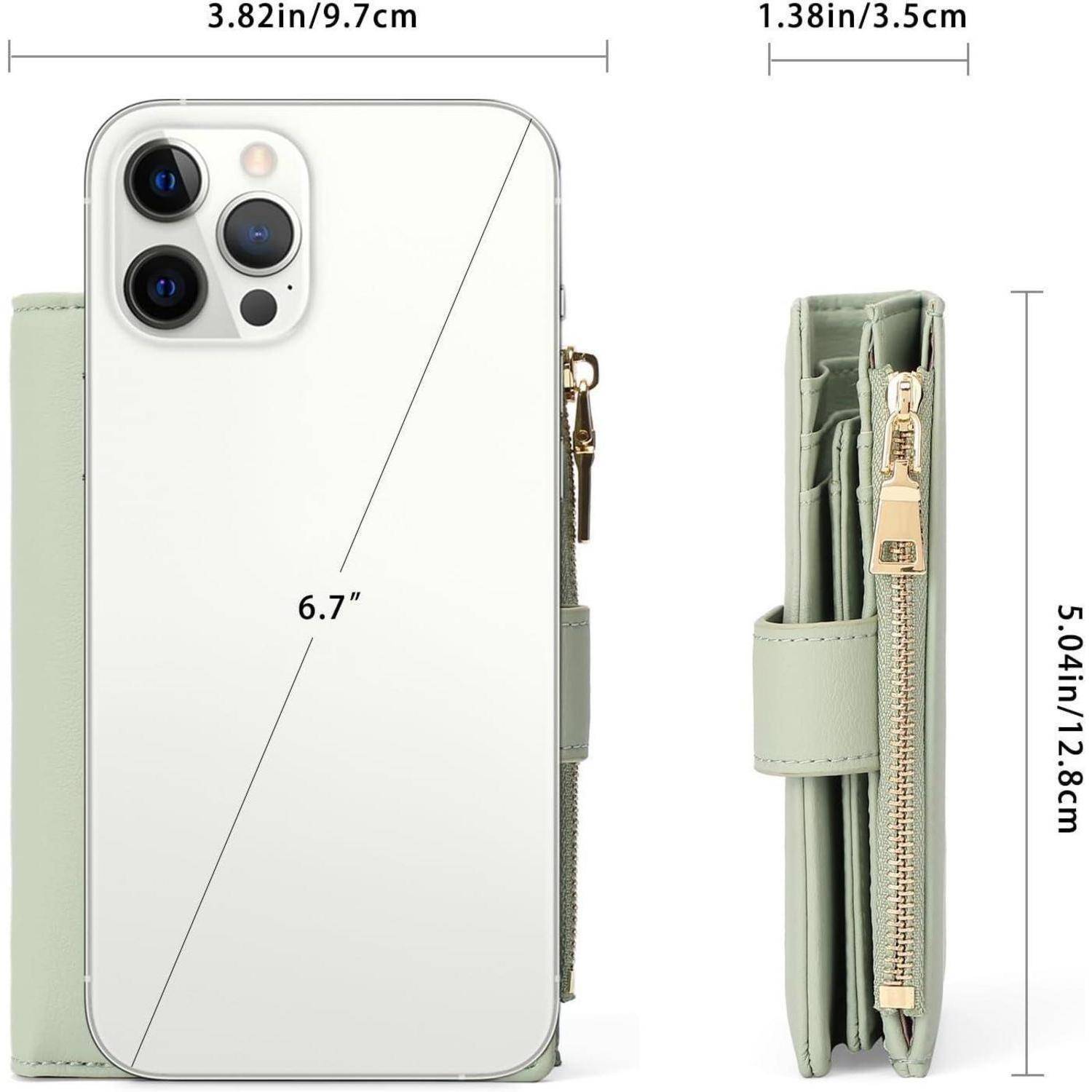 Telefongröße beträgt 6,7 Zoll.' Bild zeigt ein Telefon und eine Brieftasche mit Größenangaben: Telefon - 3,82 Zoll x 5,04 Zoll, Brieftasche - 1,38 Zoll x 5,04 Zoll.