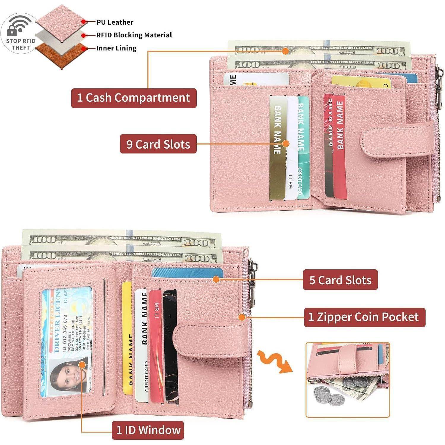 Pinke Brieftasche mit 'RFID-Blockierung', geöffnet und präsentiert 9 Kartenfächer, 1 Geldfach, 5 Kartensteckplätze, 1 Ausweisfenster und eine Reißverschluss-Münztasche.