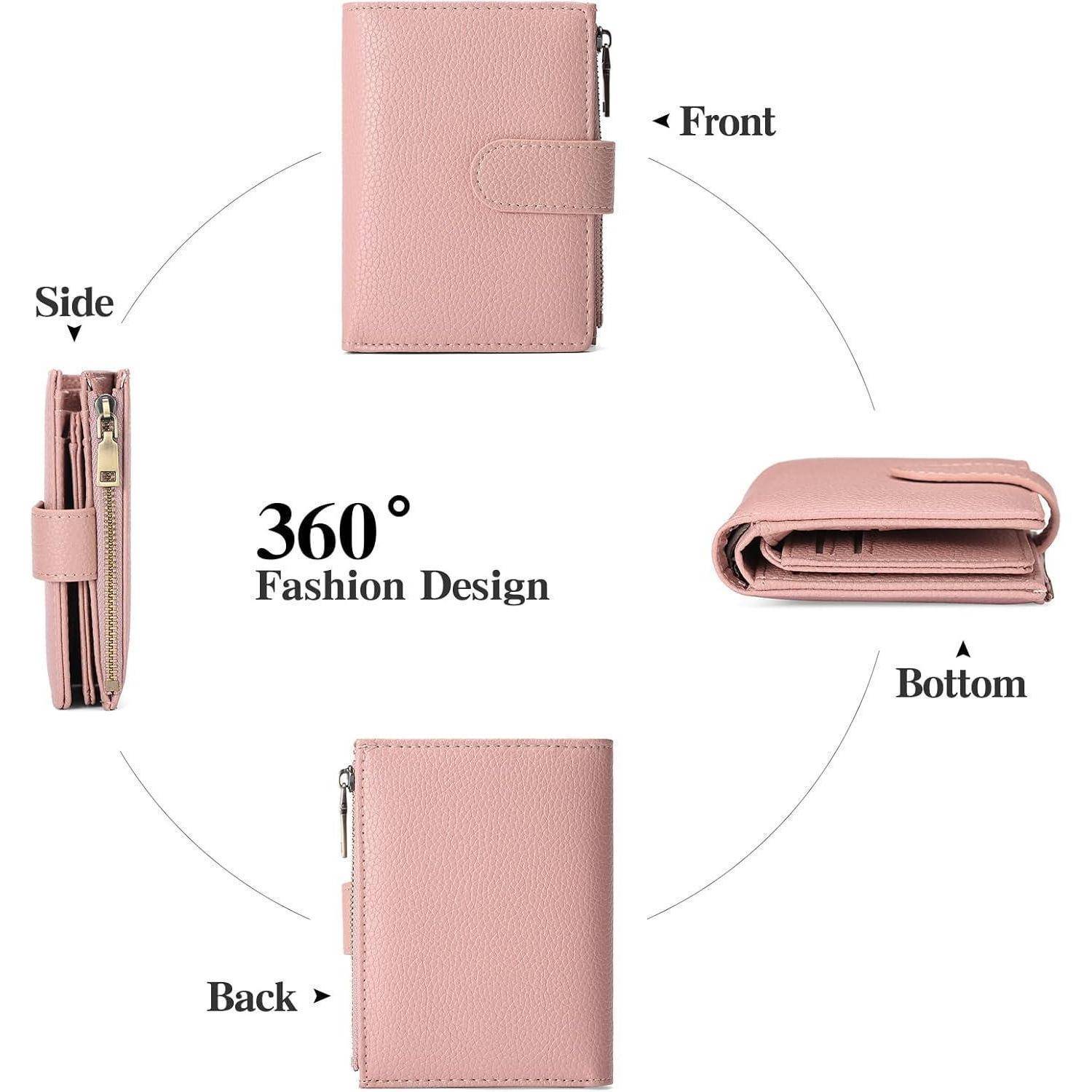 360° Fashion Design' Geldbörse in Pink, gezeigt von vorne, der Seite, von hinten und von unten.