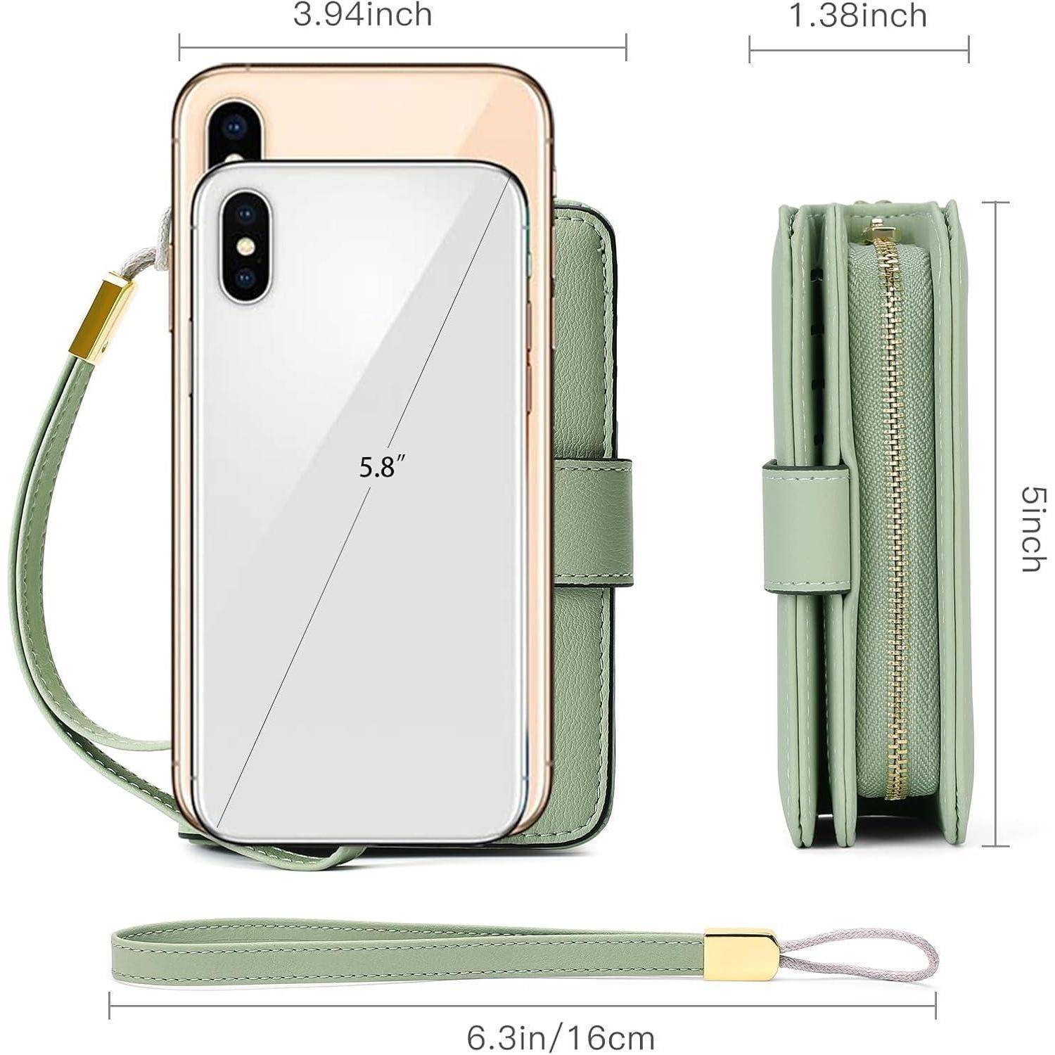 Eine Handyhülle mit einem grünen Riemen, die in zwei Positionen gezeigt wird: eine Position demonstriert die Passform für ein 5,8-Zoll-Handy, eine andere zeigt eine seitliche Reißverschlusstasche. Die Abmessungen werden angegeben.