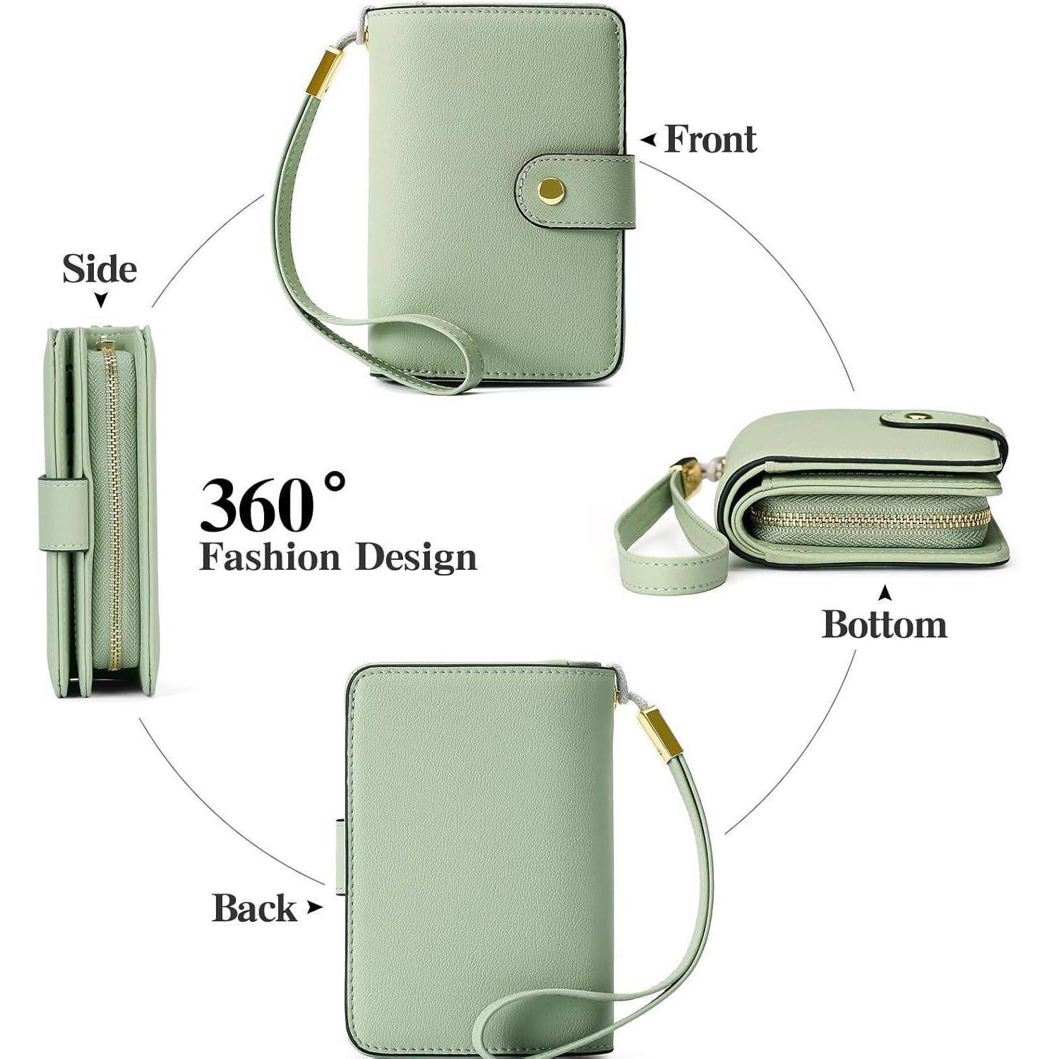 Diagramm eines hellgrünen Portemonnaies mit Ansichten von vorne, hinten, Seite und Unterseite. Ausgestattet mit einem Handgelenkband und einem Reißverschlussfach. Beschriftet mit „360° Fashion Design