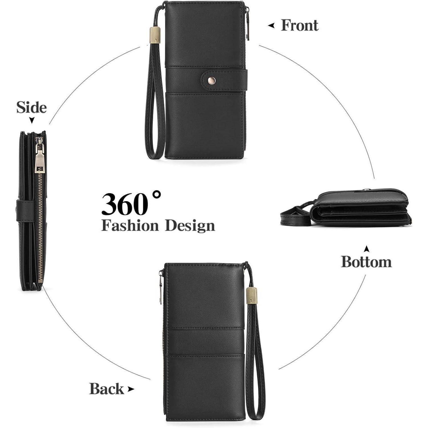 360° Fashion Design' schwarze Geldbörse, gezeigt von vorne, Seite, hinten und von unten, mit Betonung ihres eleganten und funktionalen Designs.