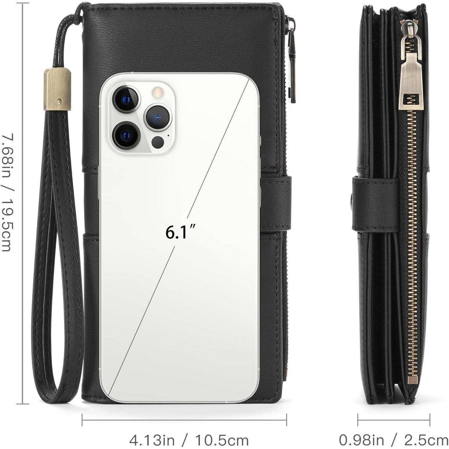 Schwarze Lederbrieftasche für ein 6,1-Zoll-Smartphone, mit Vorder- und Seitenansicht. Inklusive Handgelenkschlaufe und Reißverschlusstasche für Zubehör.