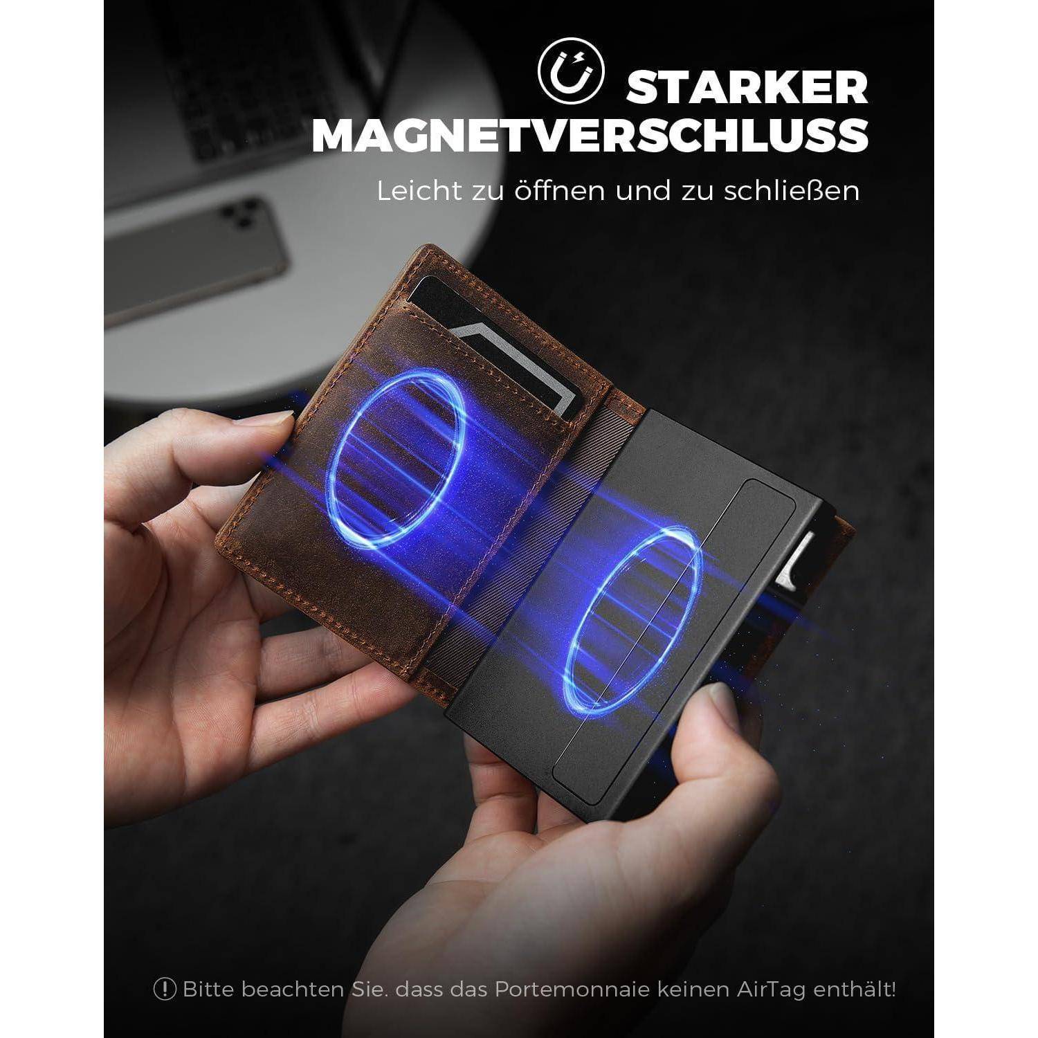 Eine Person hält eine offene Geldbörse mit sichtbaren starken magnetischen Verschlüssen, die durch blaue Linien dargestellt werden. Der Text betont die einfache Öffnung und Schließung.