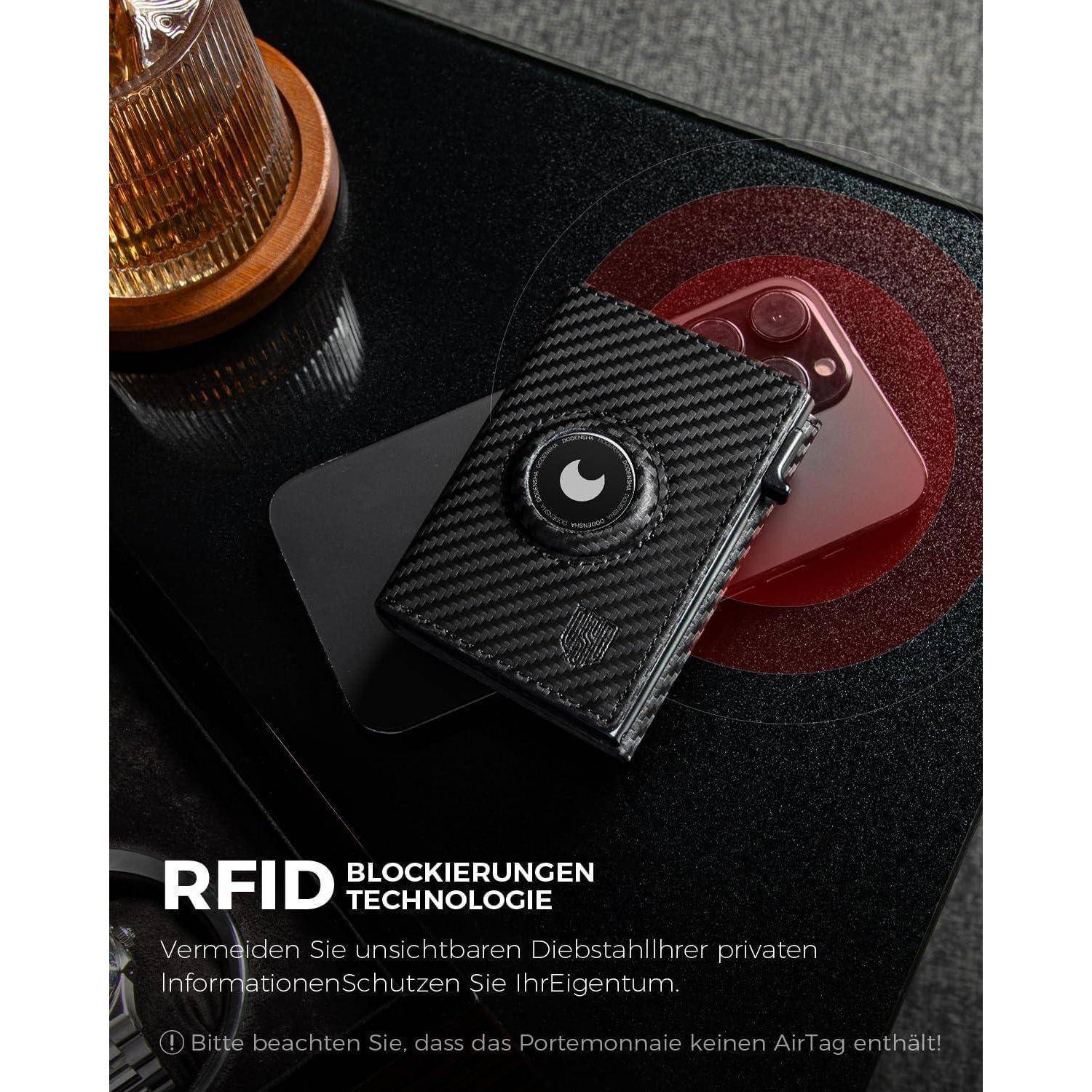 Eine Geldbörse mit RFID-Blocking-Technologie liegt auf einem Smartphone und betont die Prävention von Diebstahl. Der deutsche Text warnt vor Sicherheitsrisiken persönlicher Informationen.