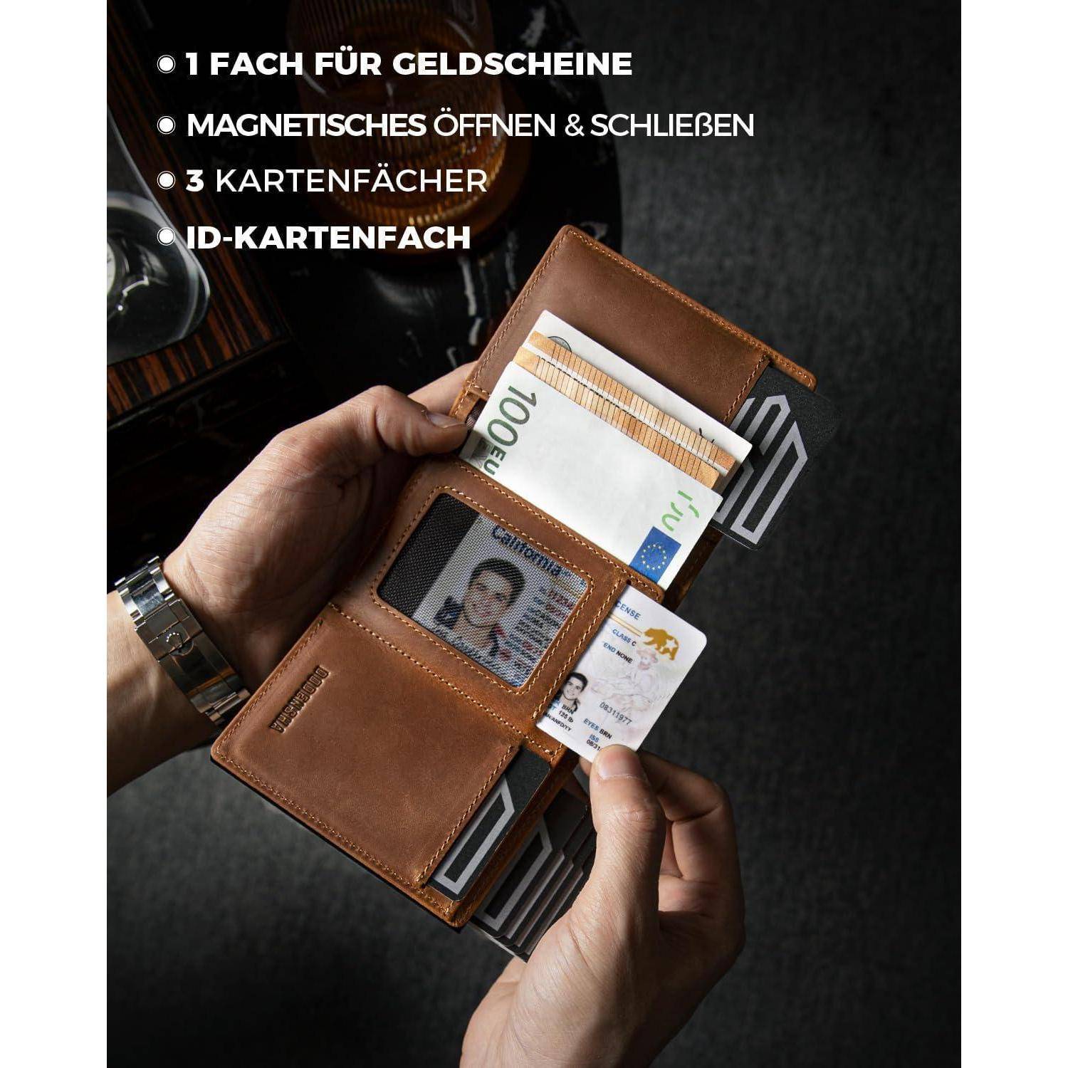 Eine Person hält eine geöffnete braune Brieftasche, die Bargeld, Kartenfächer und einen Ausweis zeigt. Text hebt Merkmale hervor: Geldfach, magnetische Verschließung, 3 Kartenfächer, Ausweisfach.