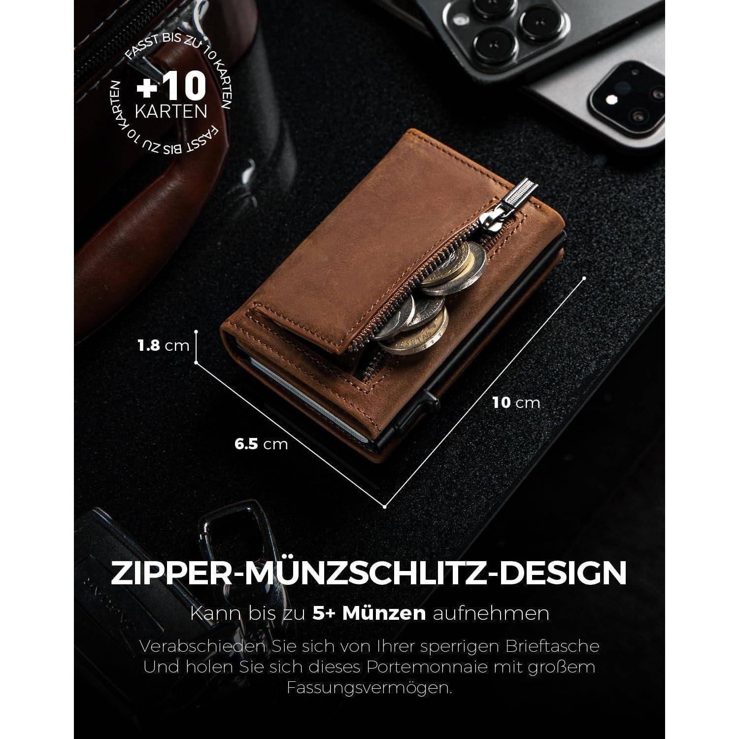 Reißverschluss-Münzfach-Design' Lederbrieftasche zum Aufbewahren von Münzen, misst 6,5 cm x 10 cm x 1,8 cm, auf einer schwarzen Oberfläche neben Gadgets.