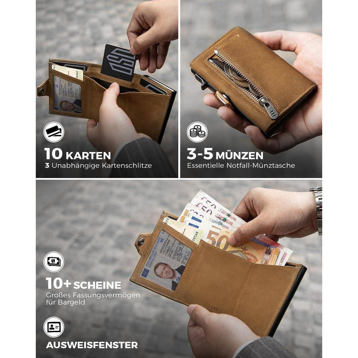 Eine Brieftasche mit Fächern: links oben für 10 Karten, rechts oben eine Reißverschlusstasche für 3-5 Münzen, unten für 10+ Geldscheine mit ID-Sichtfenster.