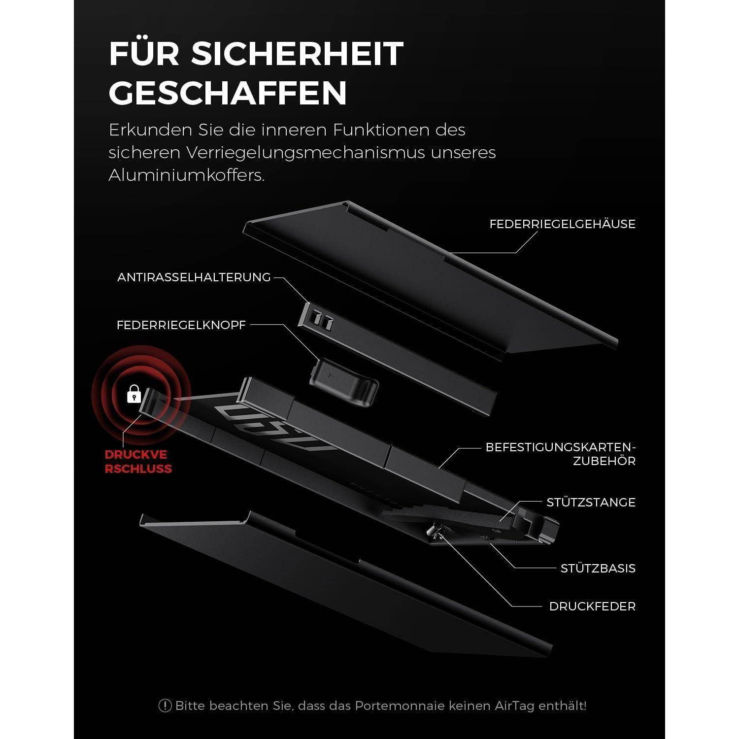 Für Sicherheit geschaffen.' Darstellung des Verriegelungsmechanismus eines Aluminiumkoffers mit beschrifteten Komponenten.